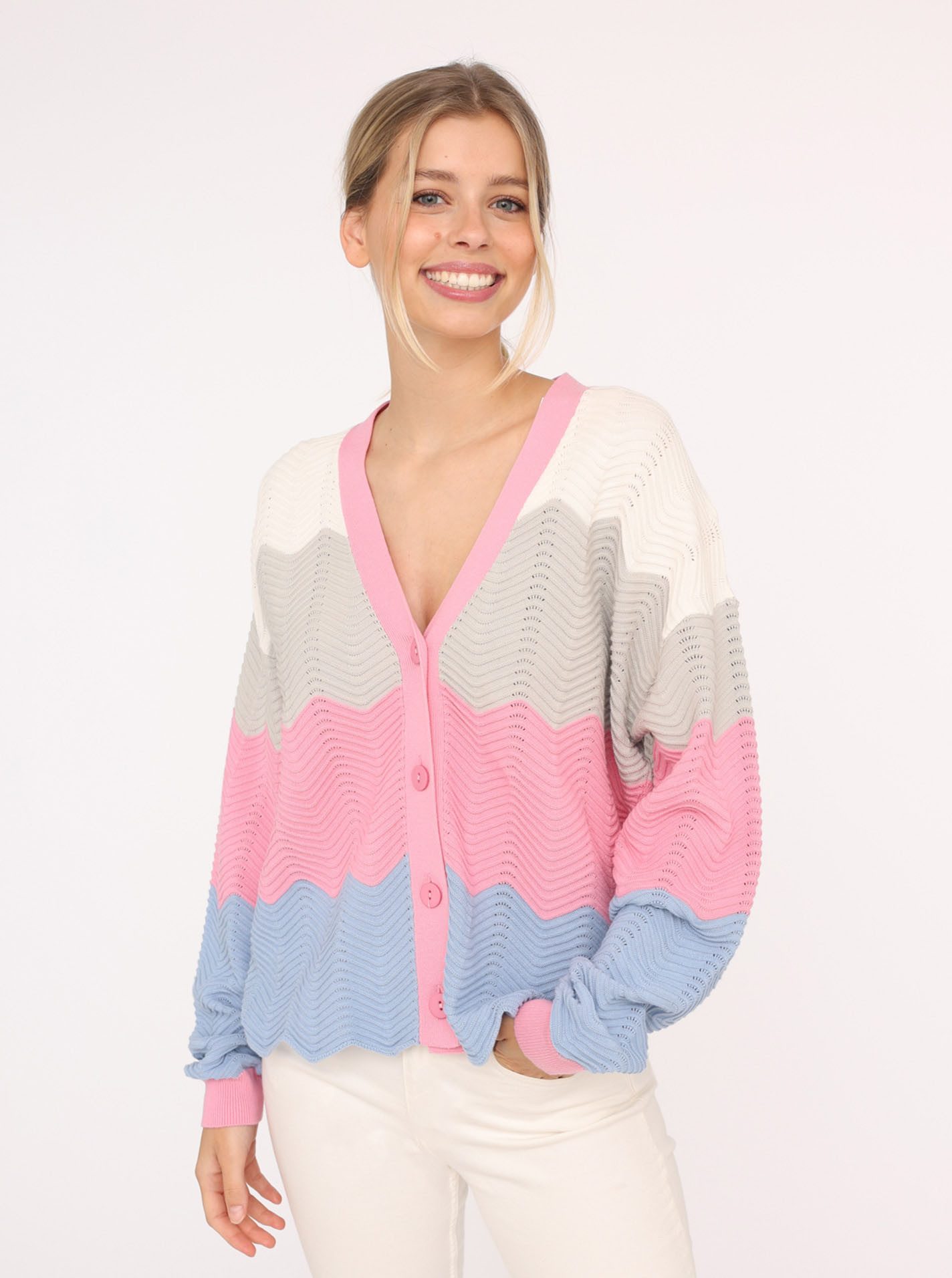 Zwillingsherz Strickjacke "Block Wellen" Langarm, V-Ausschnitt, günstig online kaufen