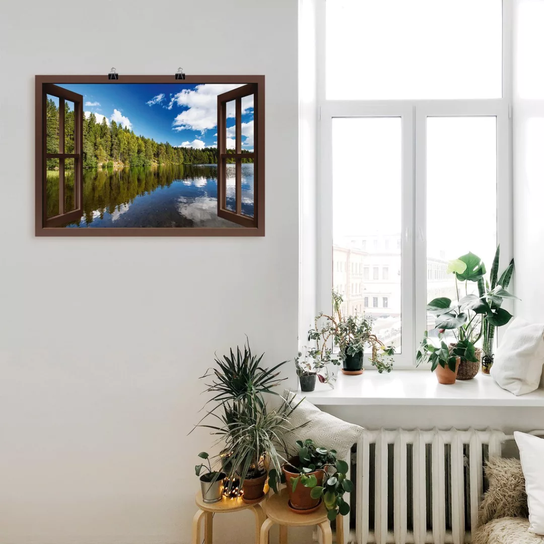 Artland Poster "Norwegische Landschaft - braunes Fenster", Fensterblick, (1 günstig online kaufen