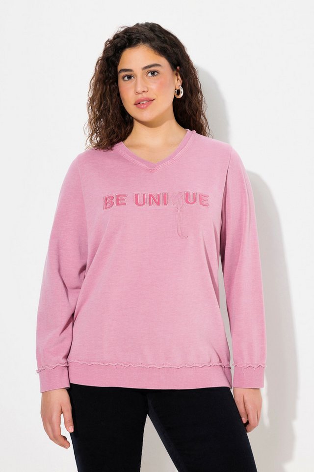 Ulla Popken Sweatshirt Sweat-Pullover Schriftzug V-Ausschnitt Langarm günstig online kaufen