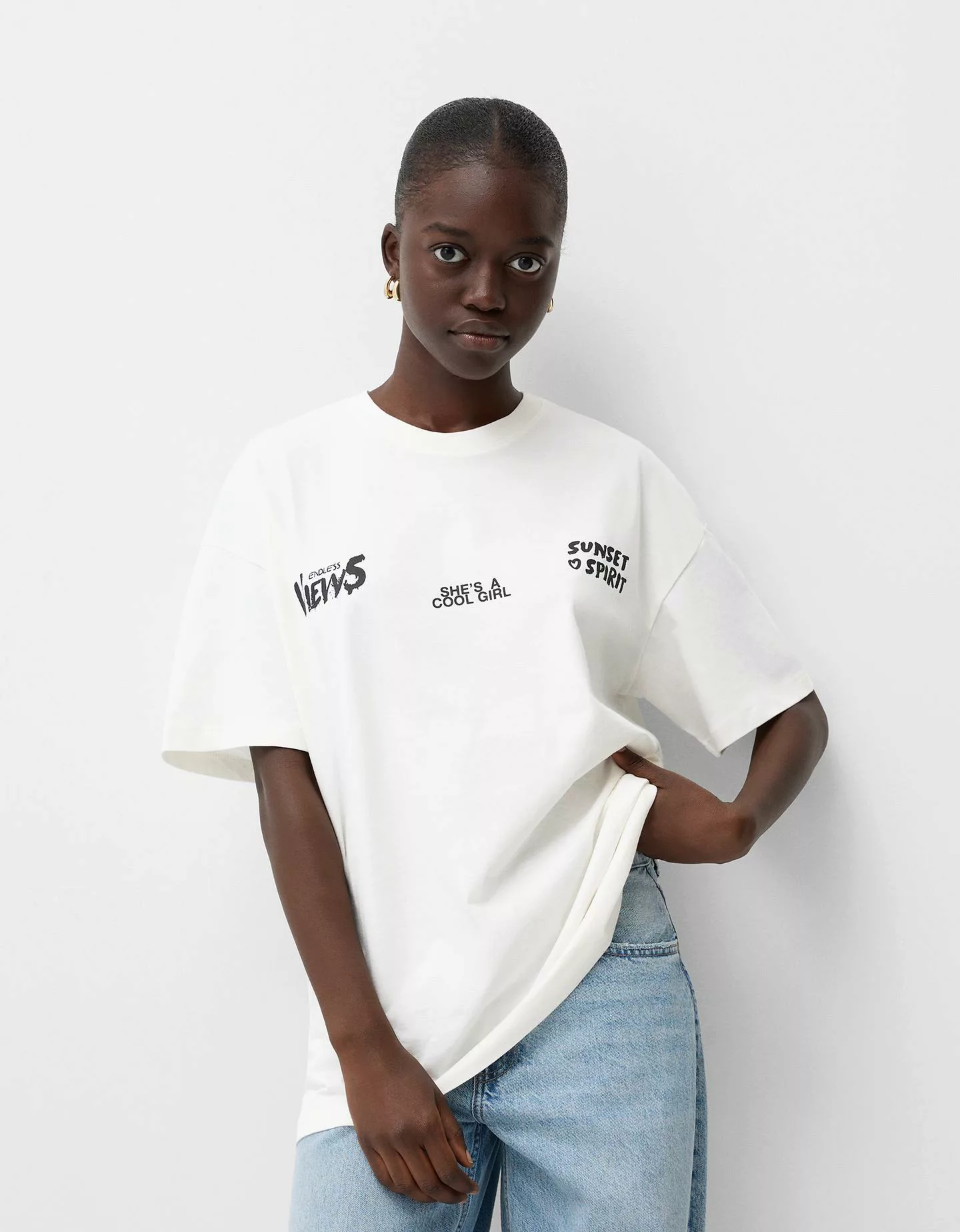 Bershka T-Shirt Mit Print Damen M Rohweiß günstig online kaufen