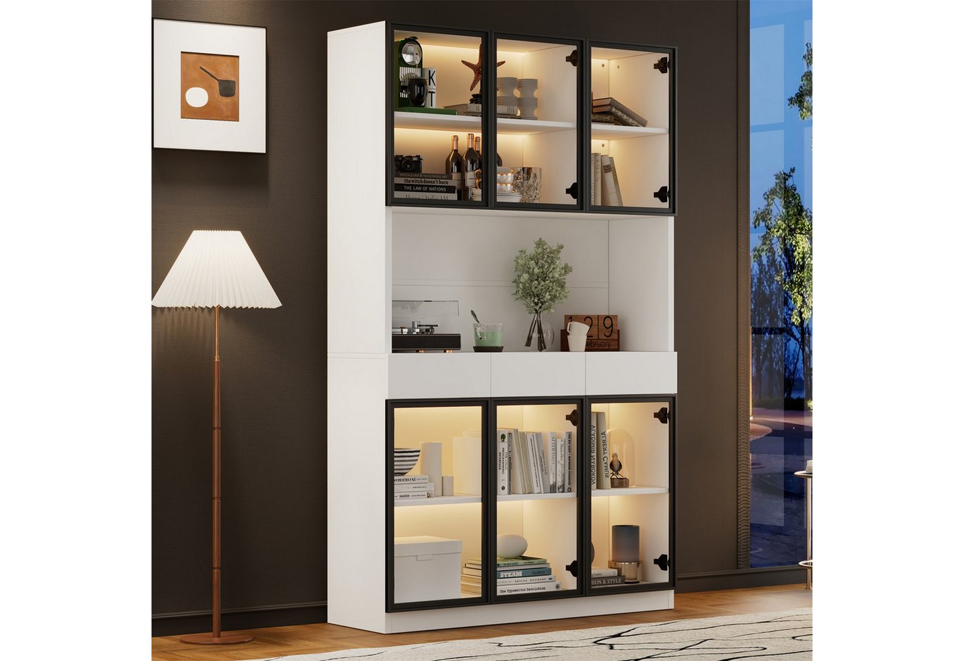 autolock Vitrine 200cm Vitrinenschrank mit LED Lichtern, Glasschrank, Weiß günstig online kaufen