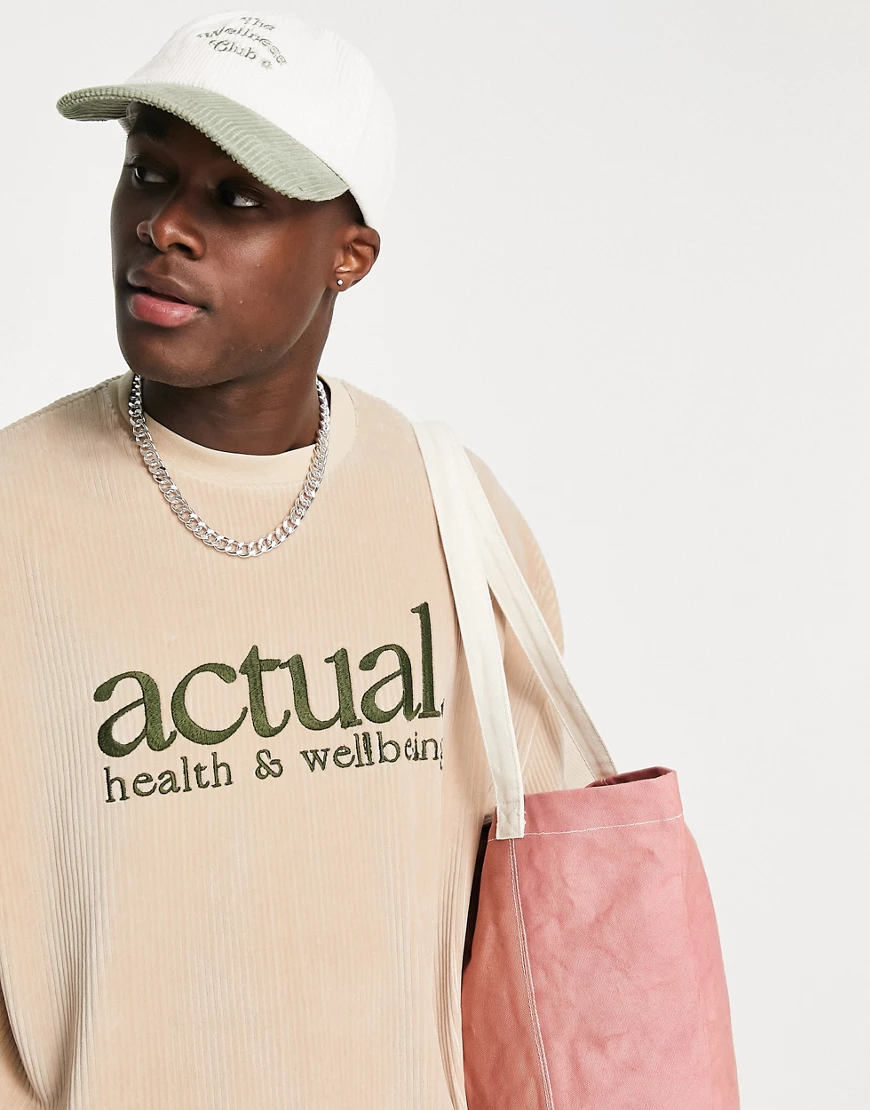 ASOS – Actual – Oversized-T-Shirt aus Cord in Beige mit „Health & Wellbeing günstig online kaufen