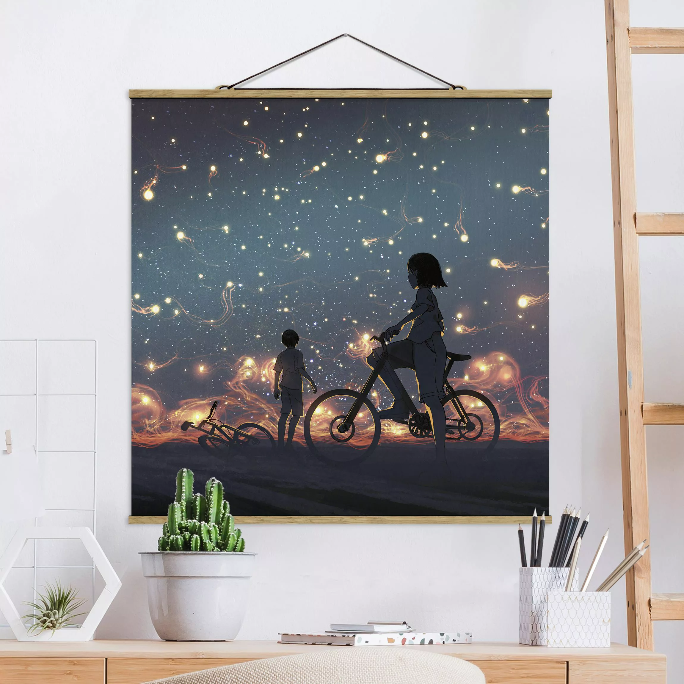 Stoffbild mit Posterleisten Anime Zeichnung Lichter auf dem Fahrrad günstig online kaufen