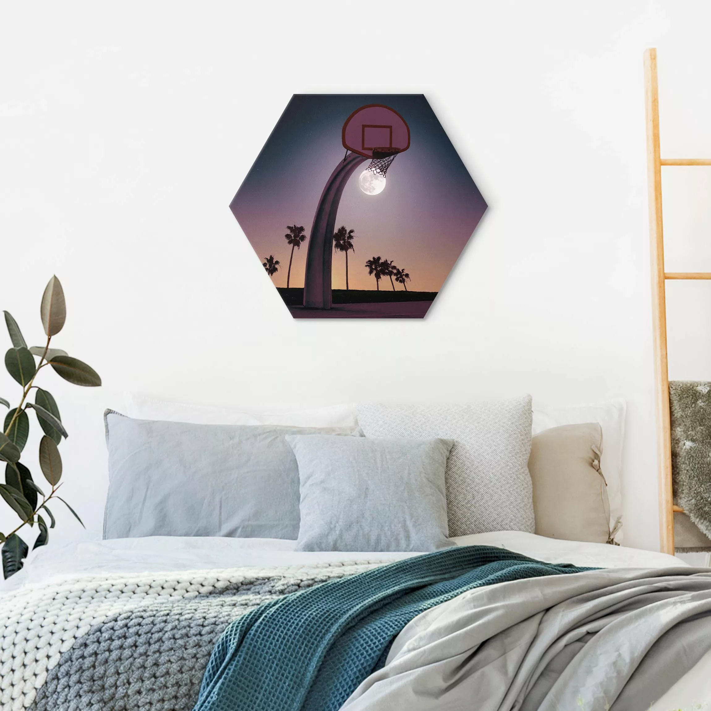 Hexagon-Alu-Dibond Bild Basketball mit Mond günstig online kaufen