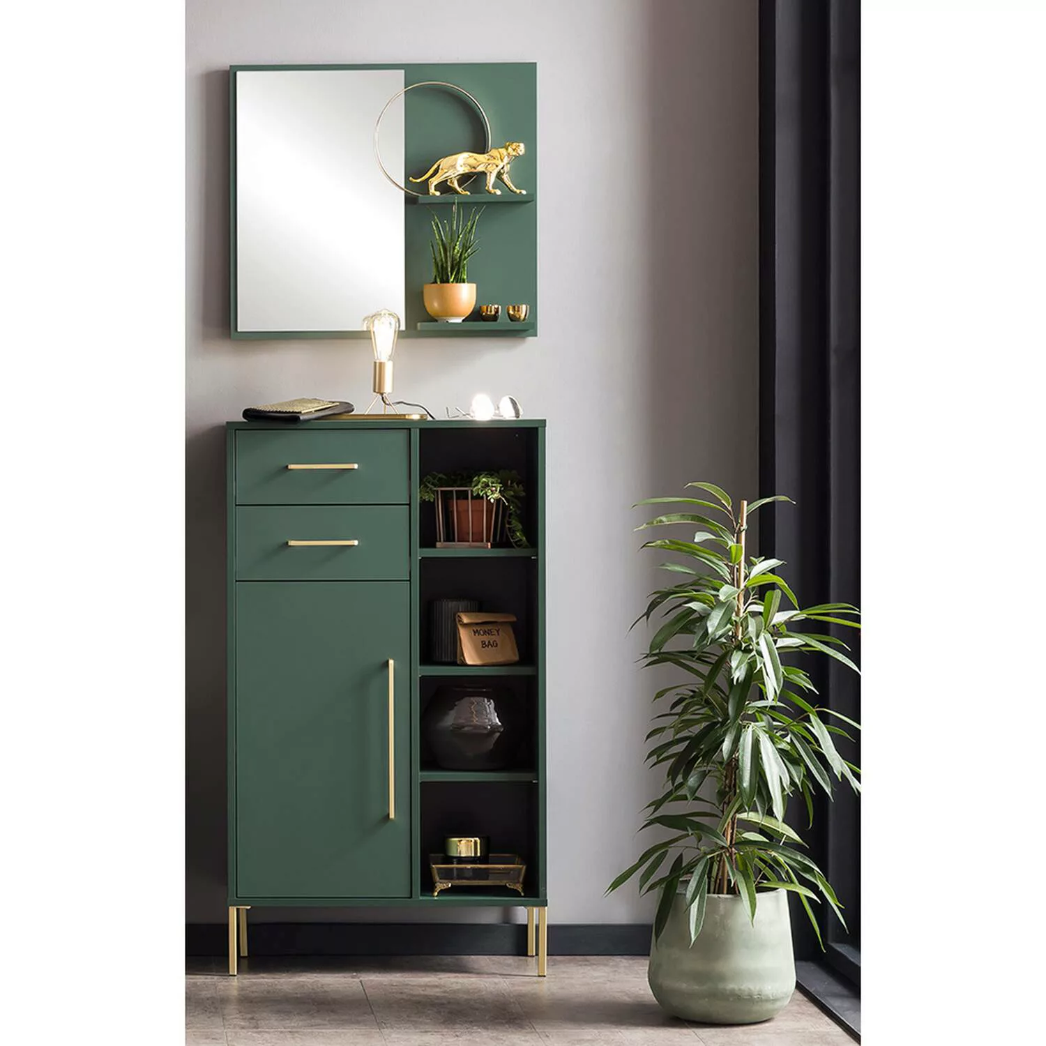 Highboard inkl. Spiegelelement KELLA-80 in waldgrün, B/H/T: ca. 67,1/200/33 günstig online kaufen