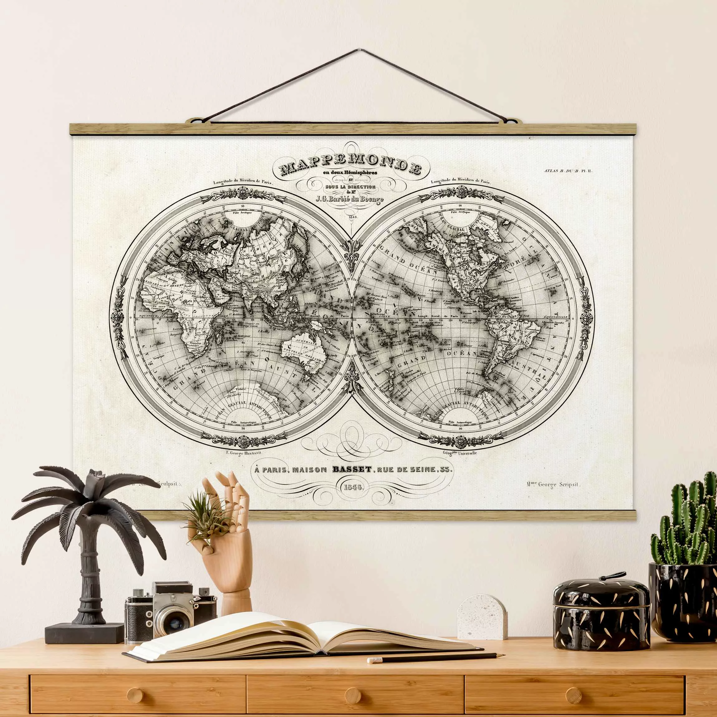 Stoffbild Karten mit Posterleisten - Querformat Weltkarte - Französische Ka günstig online kaufen