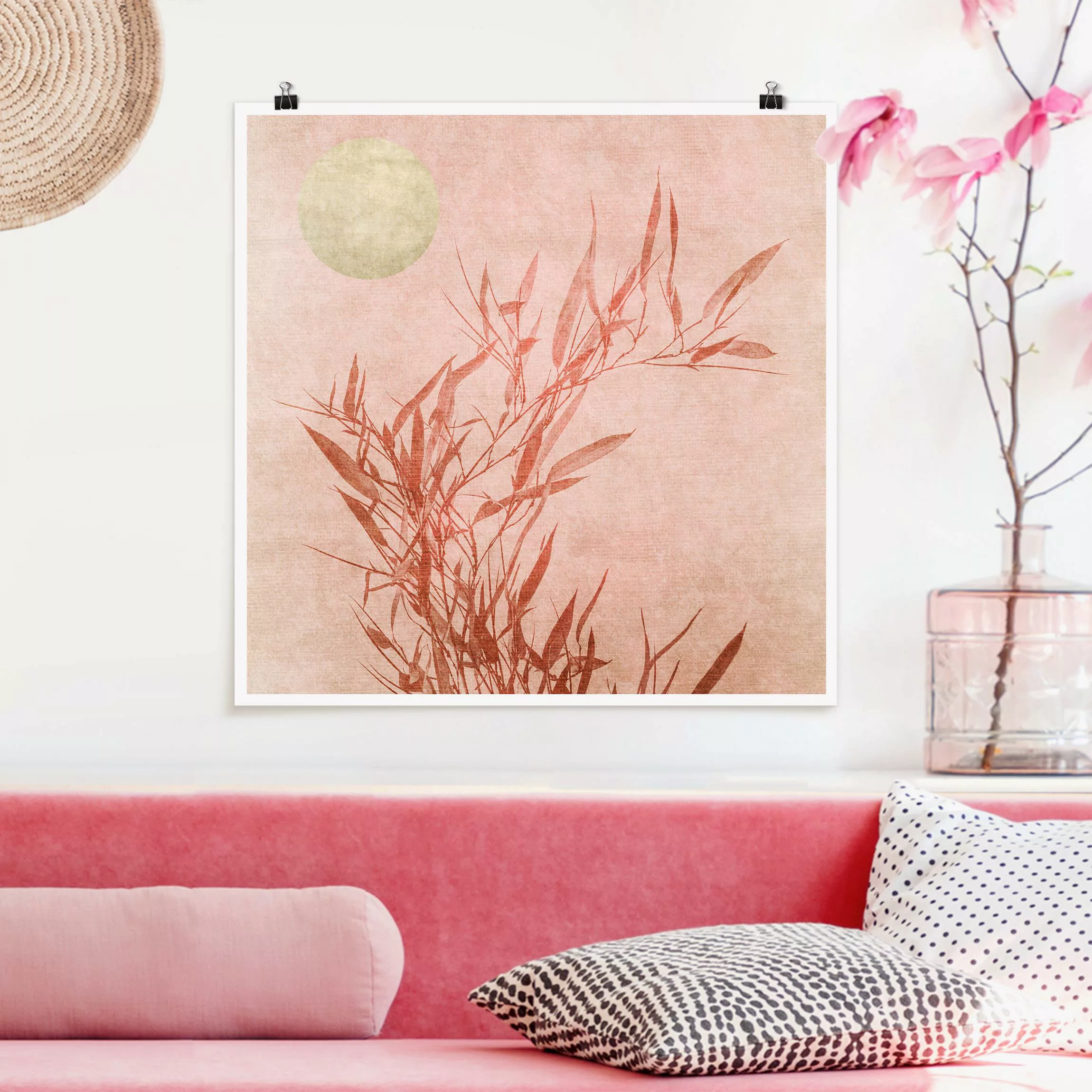 Poster Goldene Sonne mit Rosa Bambus günstig online kaufen