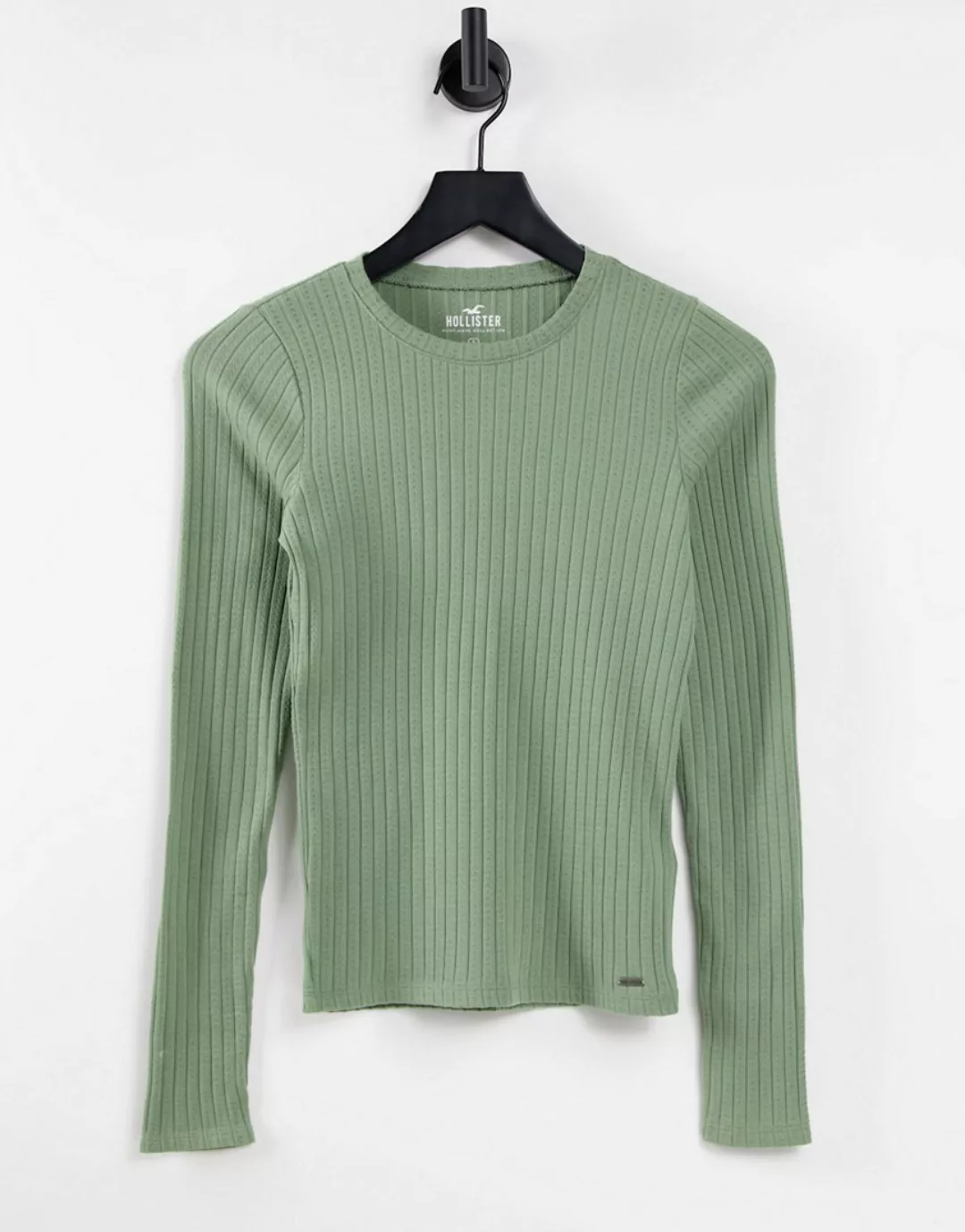 Hollister – Langärmliges, geripptes Shirt mit schmalem Schnitt in Olivgrün günstig online kaufen