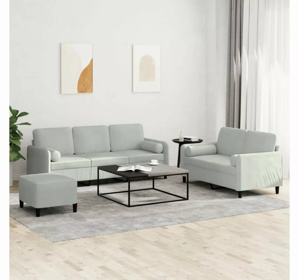 vidaXL Sofa Sofagarnitur Set mit Kissen Samt, 3-tlg., Hellgrau günstig online kaufen