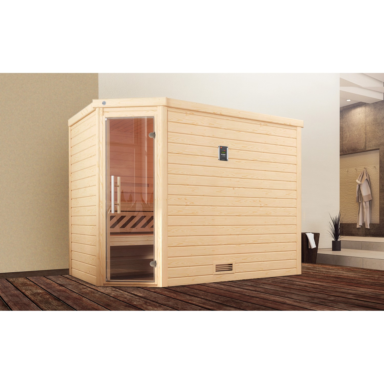 Weka Massivholzsauna Turku 3 Sparset 7,5 kW BioS Glastür günstig online kaufen