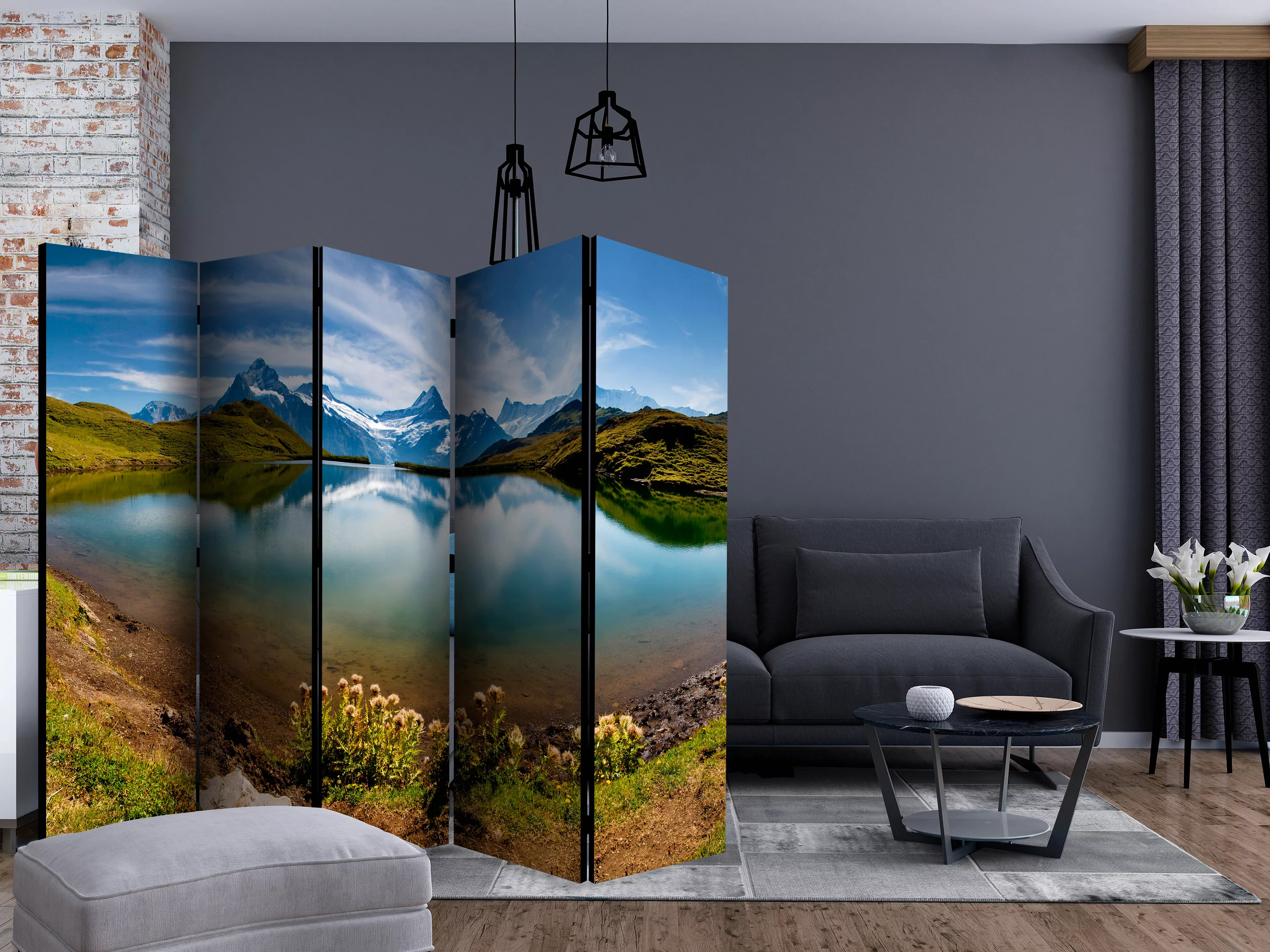 5-teiliges Paravent - Lake With Mountain Reflection, Switzerland Ii [room günstig online kaufen