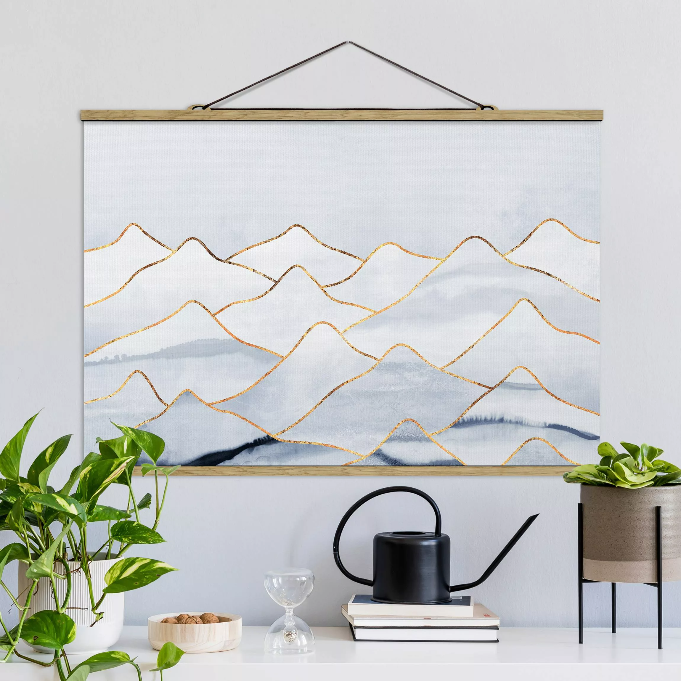 Stoffbild Abstrakt mit Posterleisten - Querformat Aquarell Berge Weiß Gold günstig online kaufen