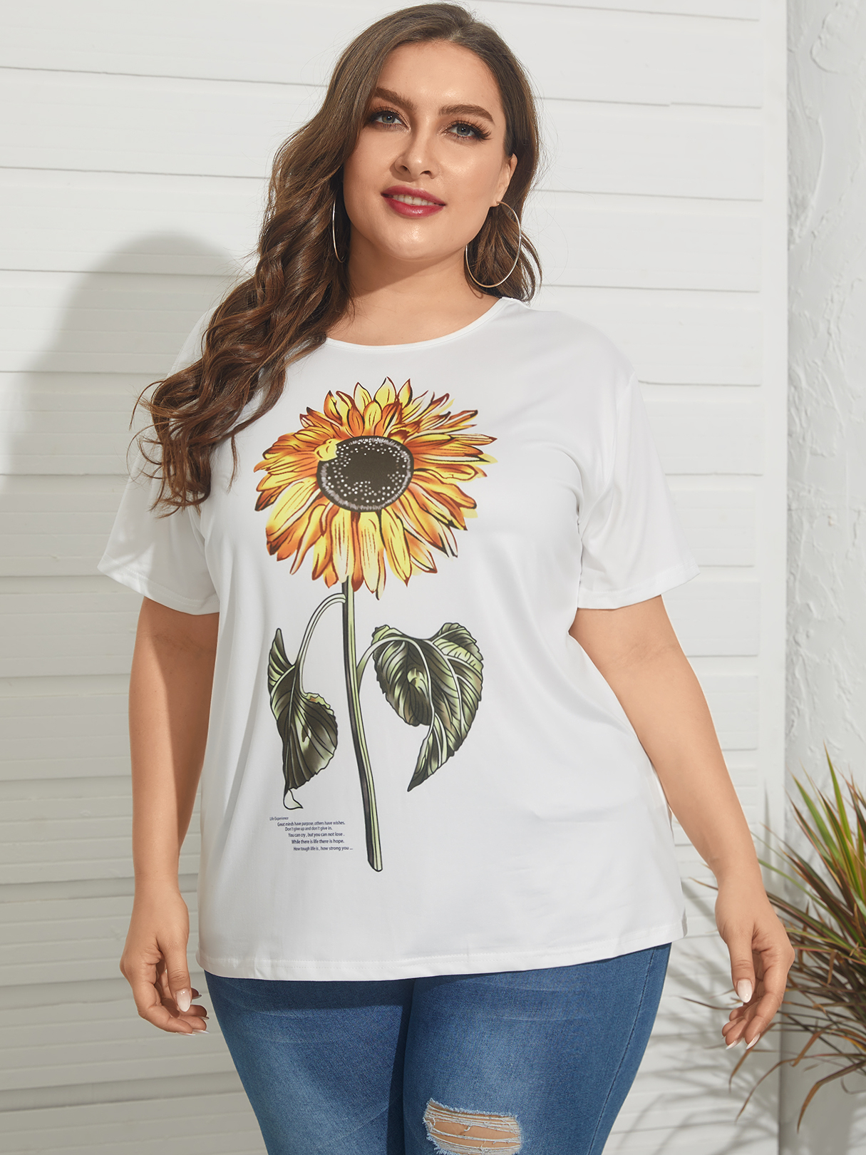 Plus Size Rundhalsausschnitt Blumendruck Kurzarm T-Shirt günstig online kaufen