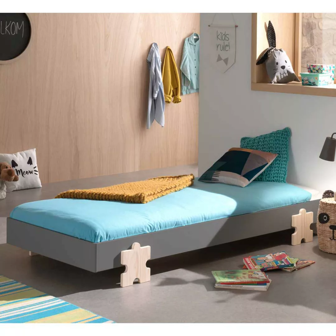 Kinder Einzelbett in Grau lackiert Gestell Kieferfarben günstig online kaufen