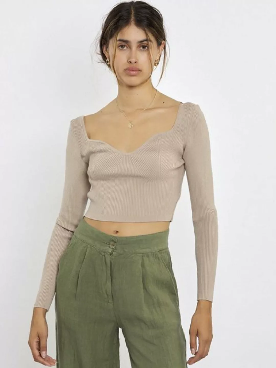 Freshlions Crop-Top Geripptes Oberteil mit Ausschnitt L Beige günstig online kaufen