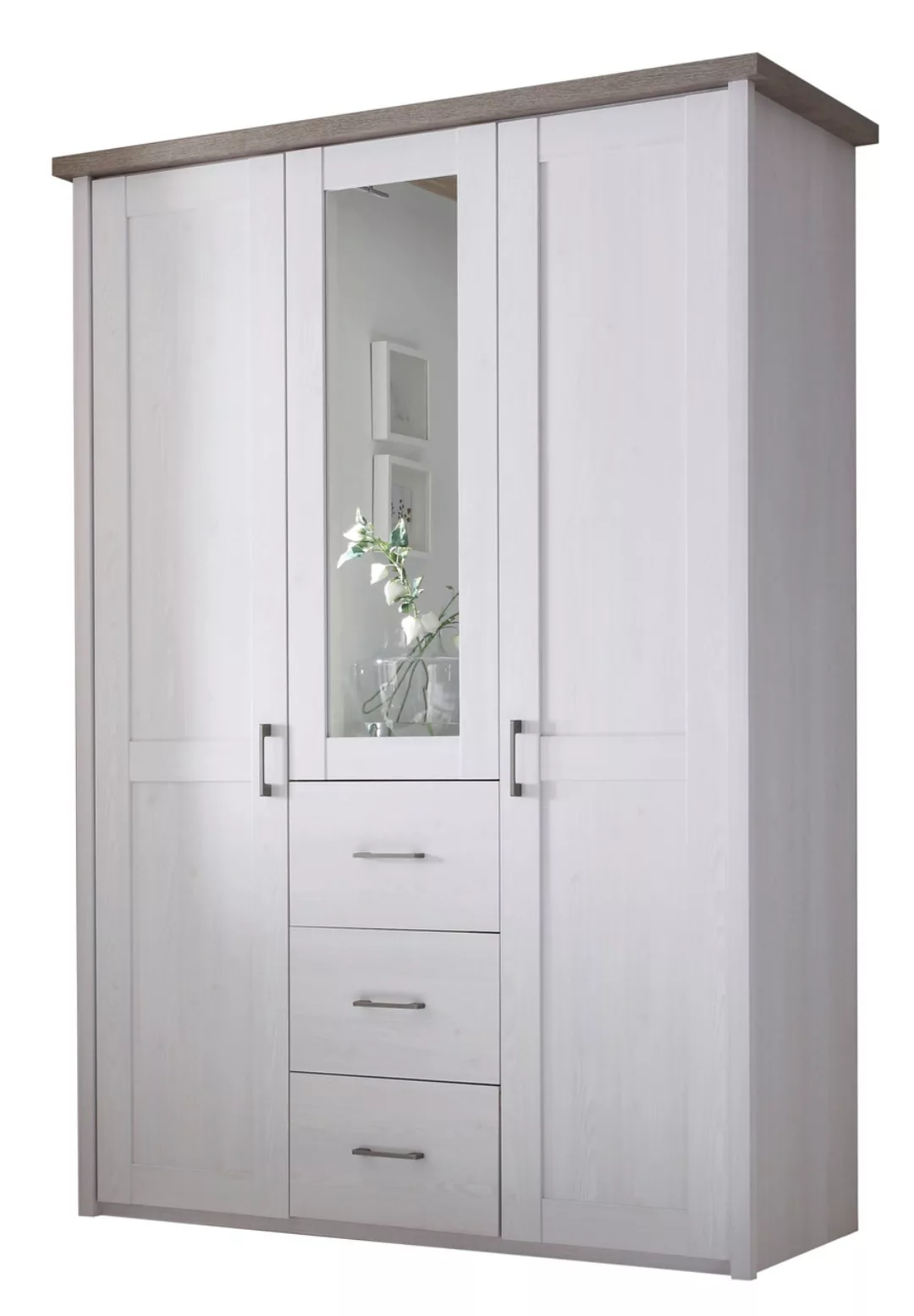 Kleiderschrank Landhaus 150 cm breit mit Spiegel LUCA Weiß / Trüffel günstig online kaufen