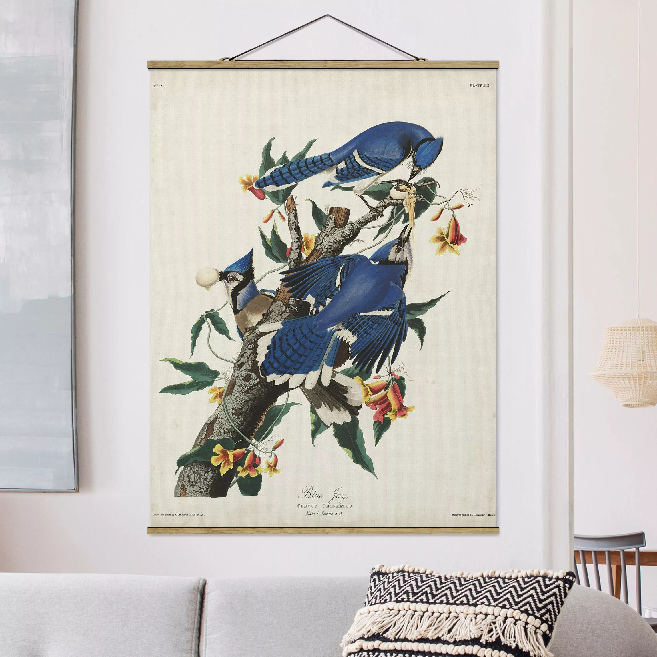 Stoffbild Blumen mit Posterleisten - Hochformat Vintage Lehrtafel Blauer Hä günstig online kaufen