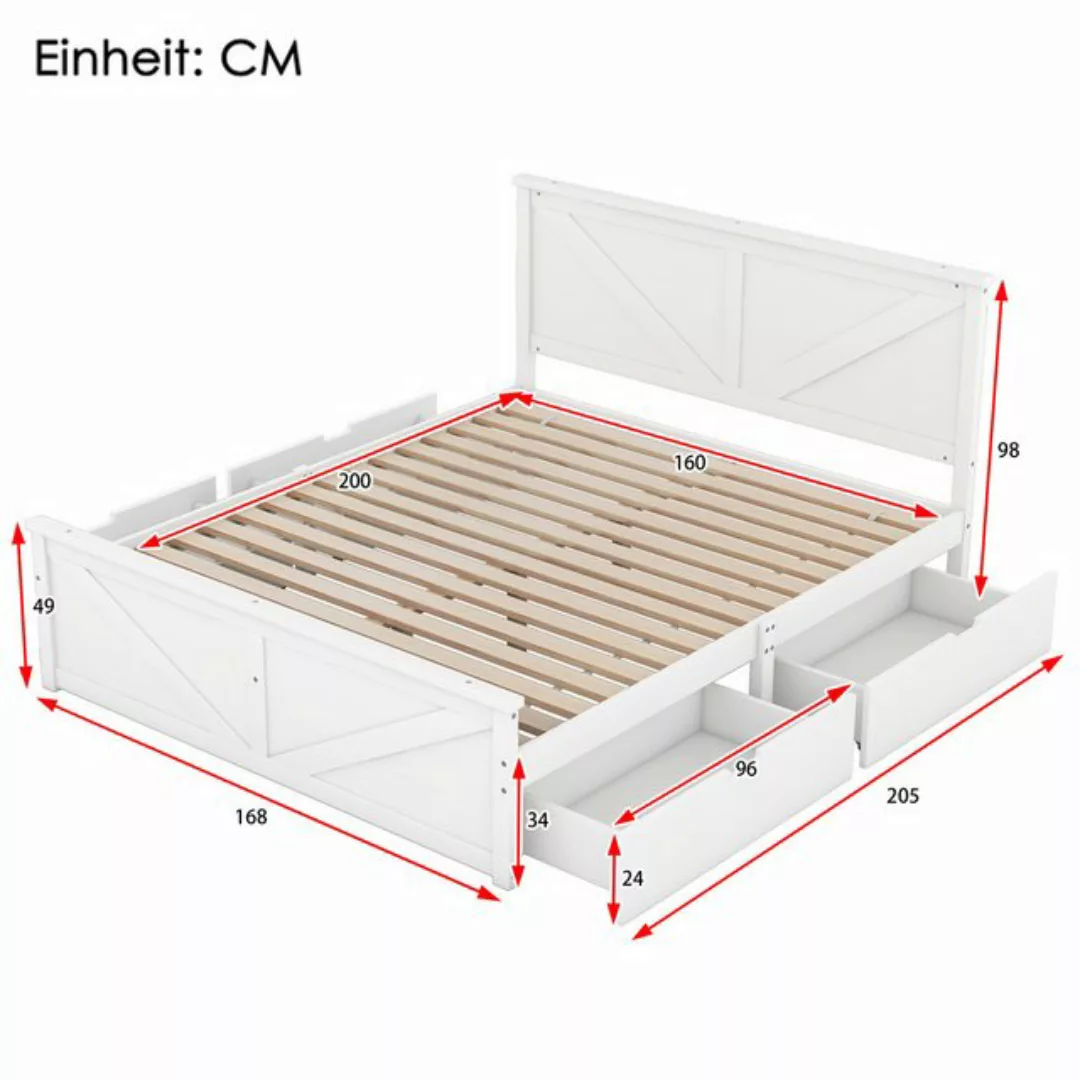 Odikalo Holzbett Doppelbett Pritsch Bett 4 Schubladen Kopfteil 160x200cm We günstig online kaufen