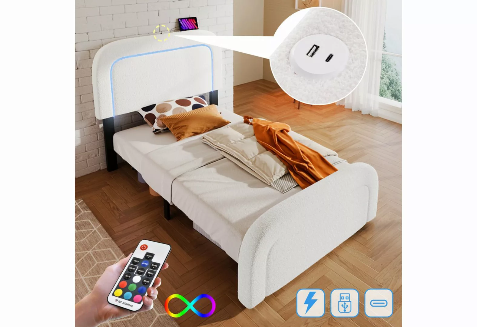 Dedom Bett LED-Beleuchtung Einzelbett mit USB Type-C Ladefunktion,90x200cm, günstig online kaufen
