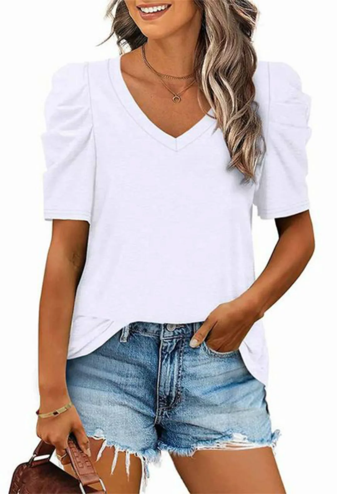 LOVGCCN T-Shirt Kurzärmliges, plissiertes T-Shirt-Oberteil mit V-Ausschnitt günstig online kaufen