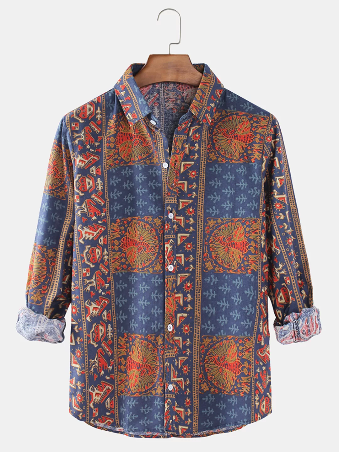 Mens Ethnic Pattern Print Vintage Lässige Reverskragen Langarmhemden günstig online kaufen