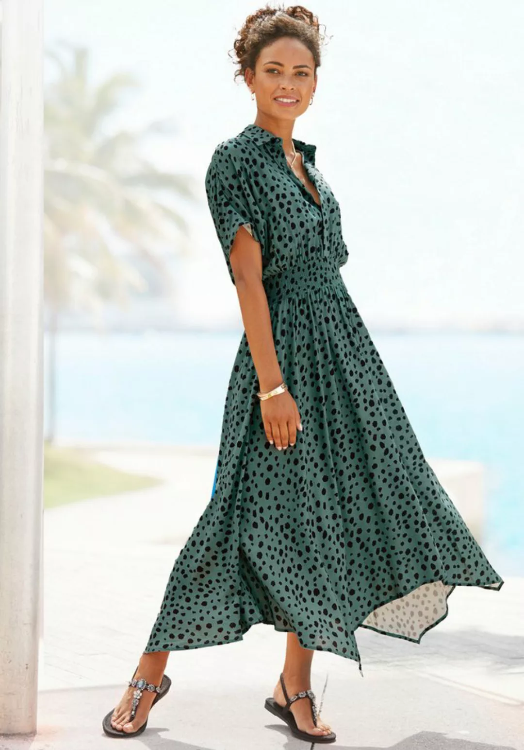 LASCANA Druckkleid mit Punktedruck und asymmetrischem Saum, Hemdblusenkleid günstig online kaufen