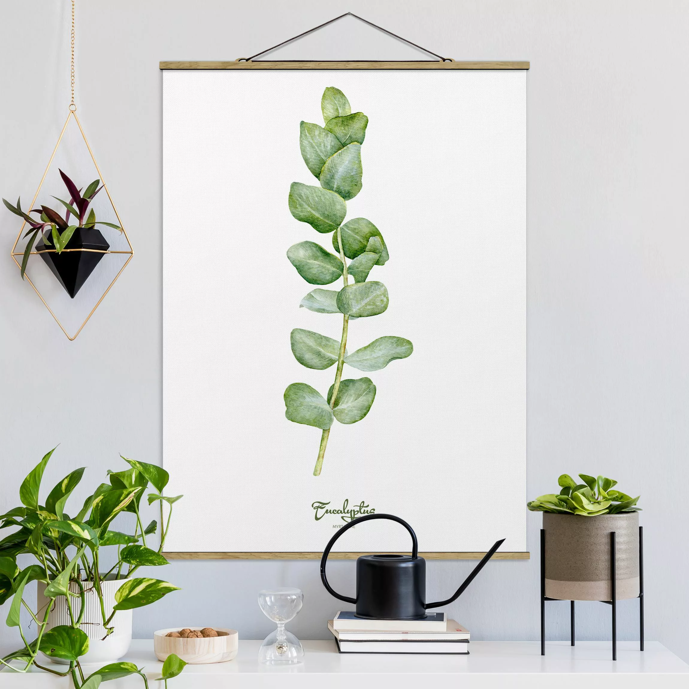 Stoffbild Blumen mit Posterleisten - Hochformat Aquarell Botanik Eukalyptus günstig online kaufen