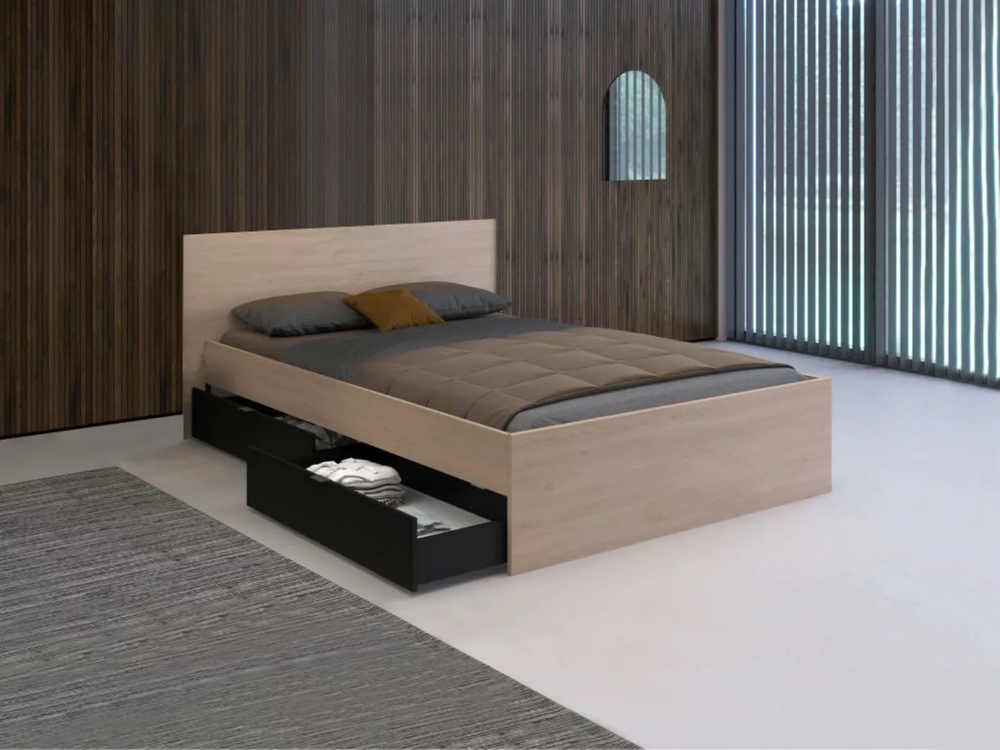 Bett mit 2 Schubladen - 140 x 190 cm - Naturfarben & Schwarz - VELONA günstig online kaufen