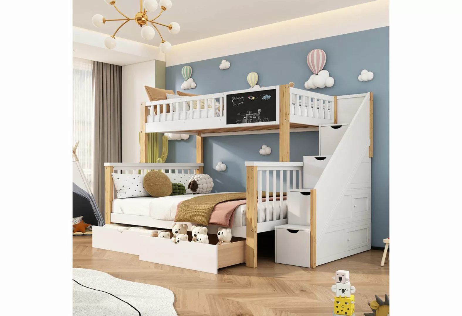 MODFU Etagenbett Kinderbett, mit Tafel Treppe Schubladen 90x200cm+140x200cm günstig online kaufen