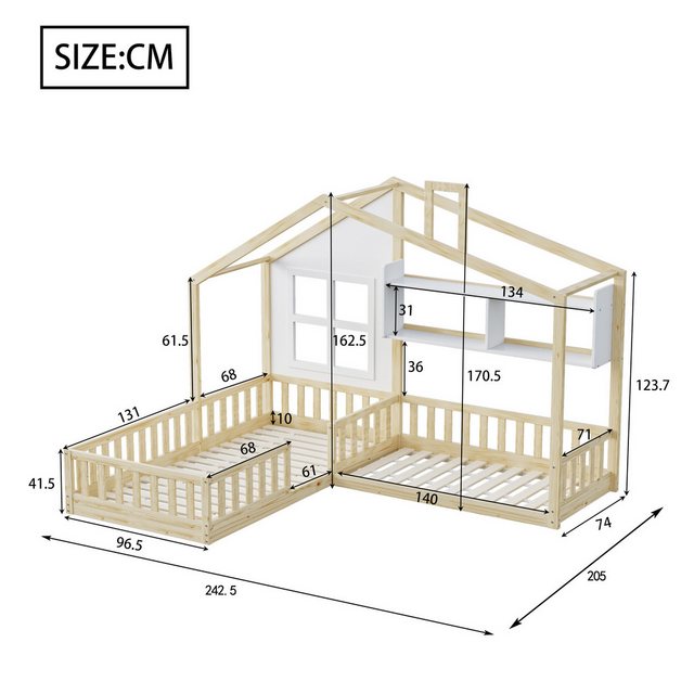 Flieks Kinderbett, Hausbett Doppelbett mit Fenster und Schornstein 90x200cm günstig online kaufen