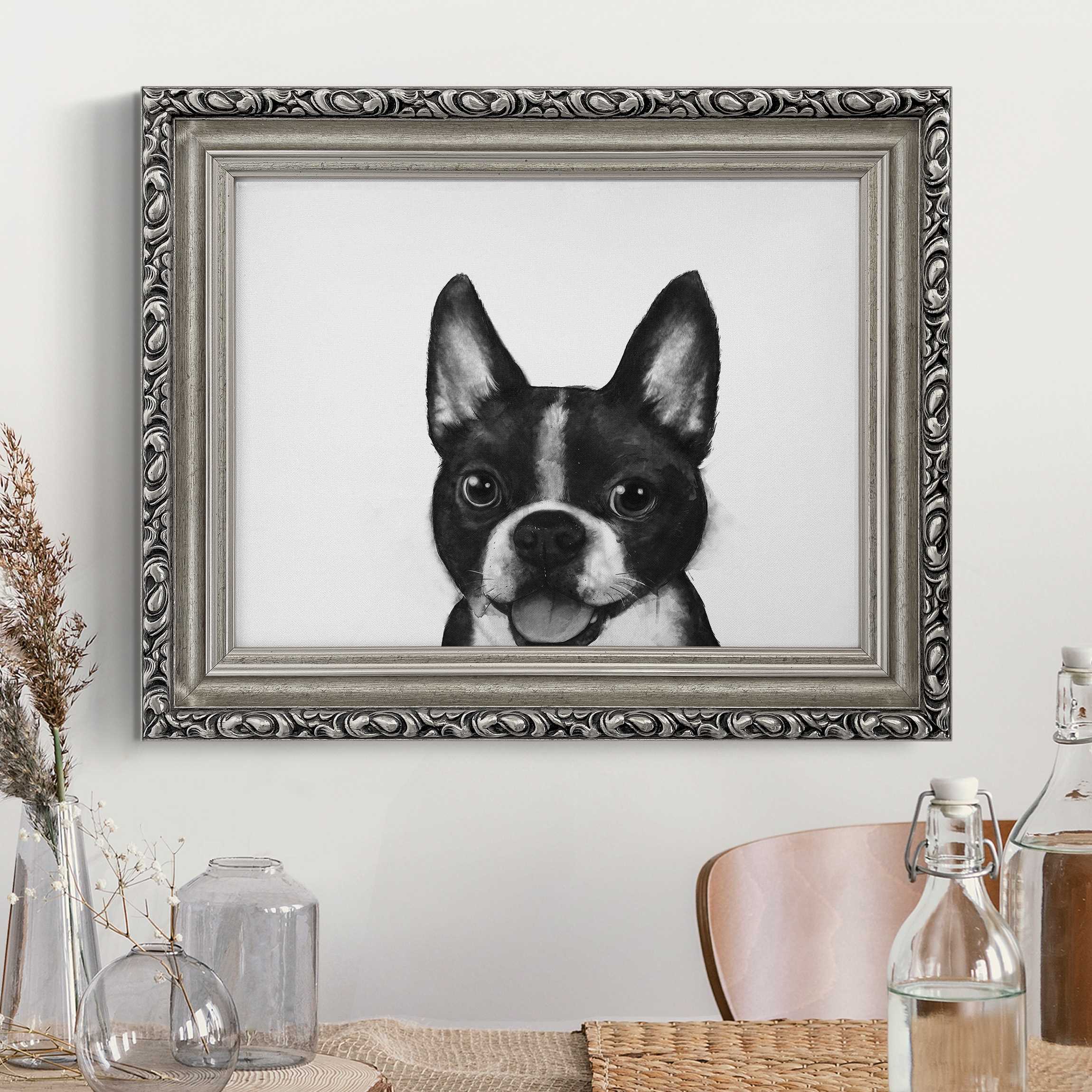 Gerahmtes Leinwandbild Illustration Hund Boston Schwarz Weiß Malerei günstig online kaufen