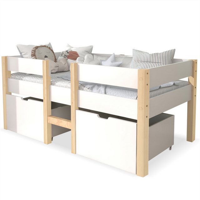 Tongtong Kinderbett mit Rausfallschutz, Kiefer-Vollholz-90*190/200 cm-Weiß günstig online kaufen