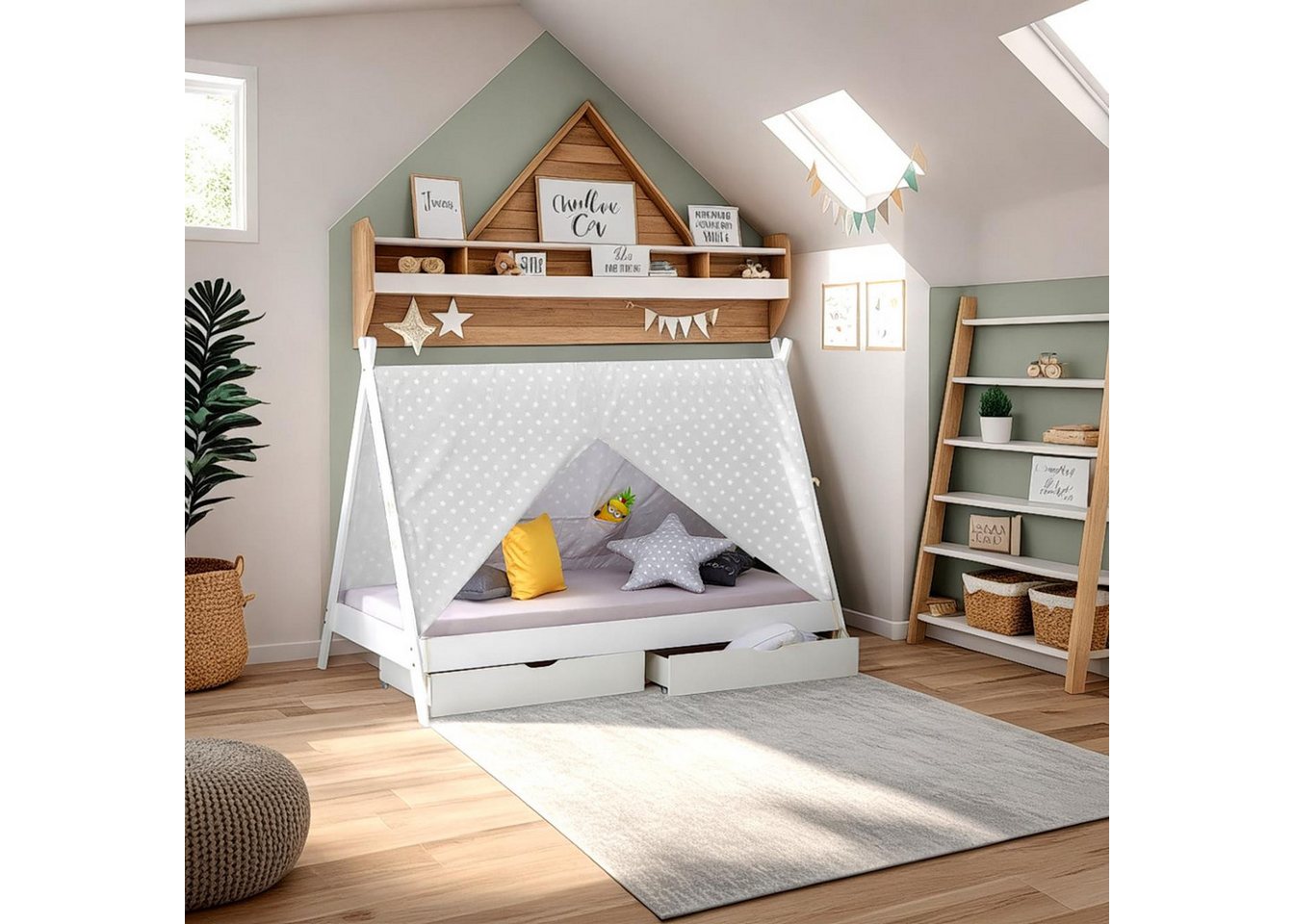 Homestyle4u Kinderbett 90x200 Hausbett TIPI Weiß oder Grau Vorhang Sterne H günstig online kaufen