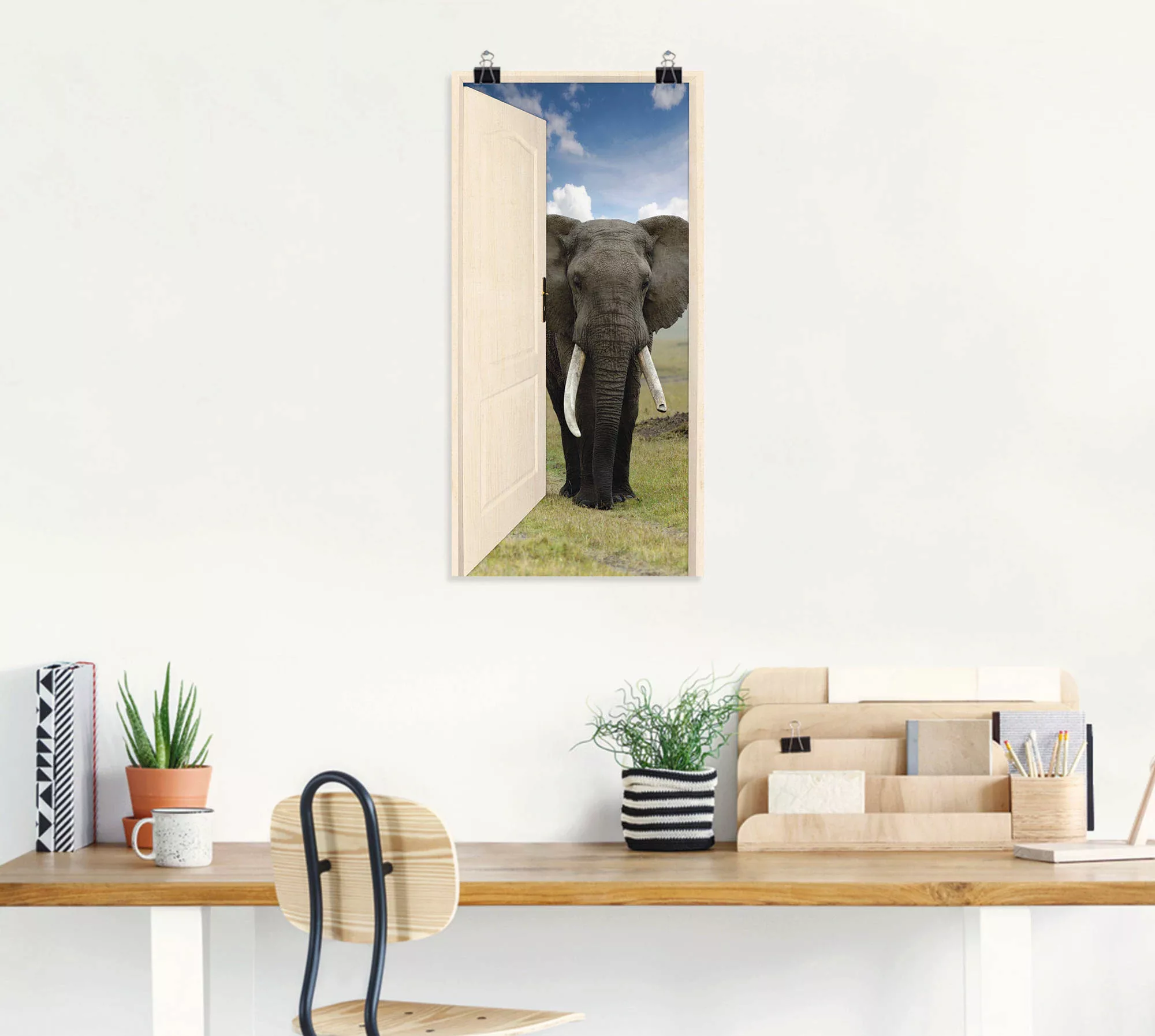 Artland Wandbild »Offene weiße Türe mit Blick auf Elefant«, Wildtiere, (1 S günstig online kaufen