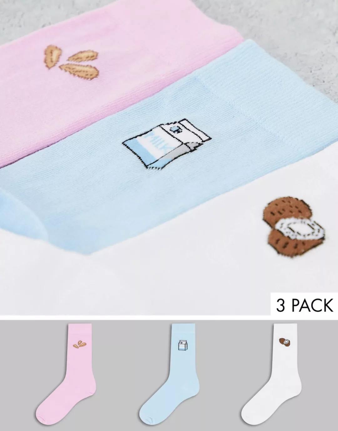 ASOS DESIGN – 3er-Pack Socken mit aufgesticktem Milchbeutel-Motiv-Mehrfarbi günstig online kaufen
