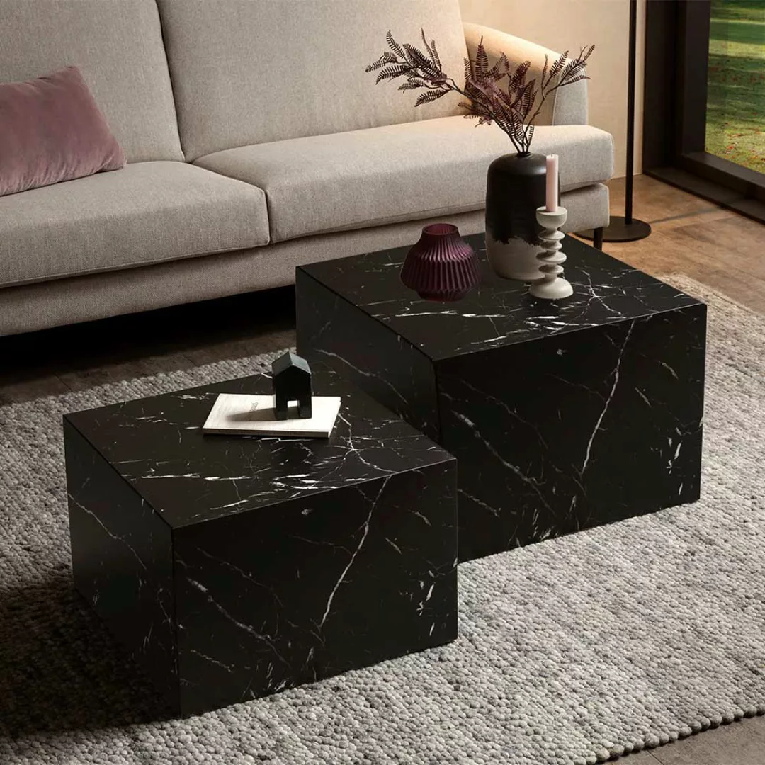 Wohnzimmertisch Set in Schwarz Marmor Optik Block-Form (zweiteilig) günstig online kaufen