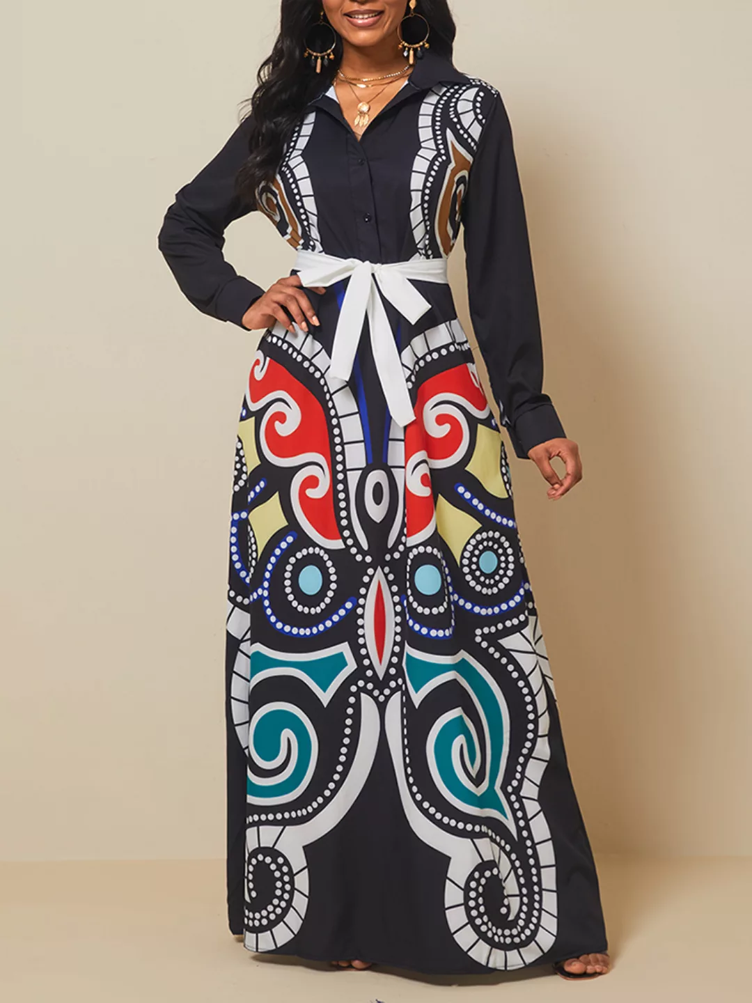 Vintage Ethnic Printed Revers Langarmgürtel Maxi Kleid günstig online kaufen