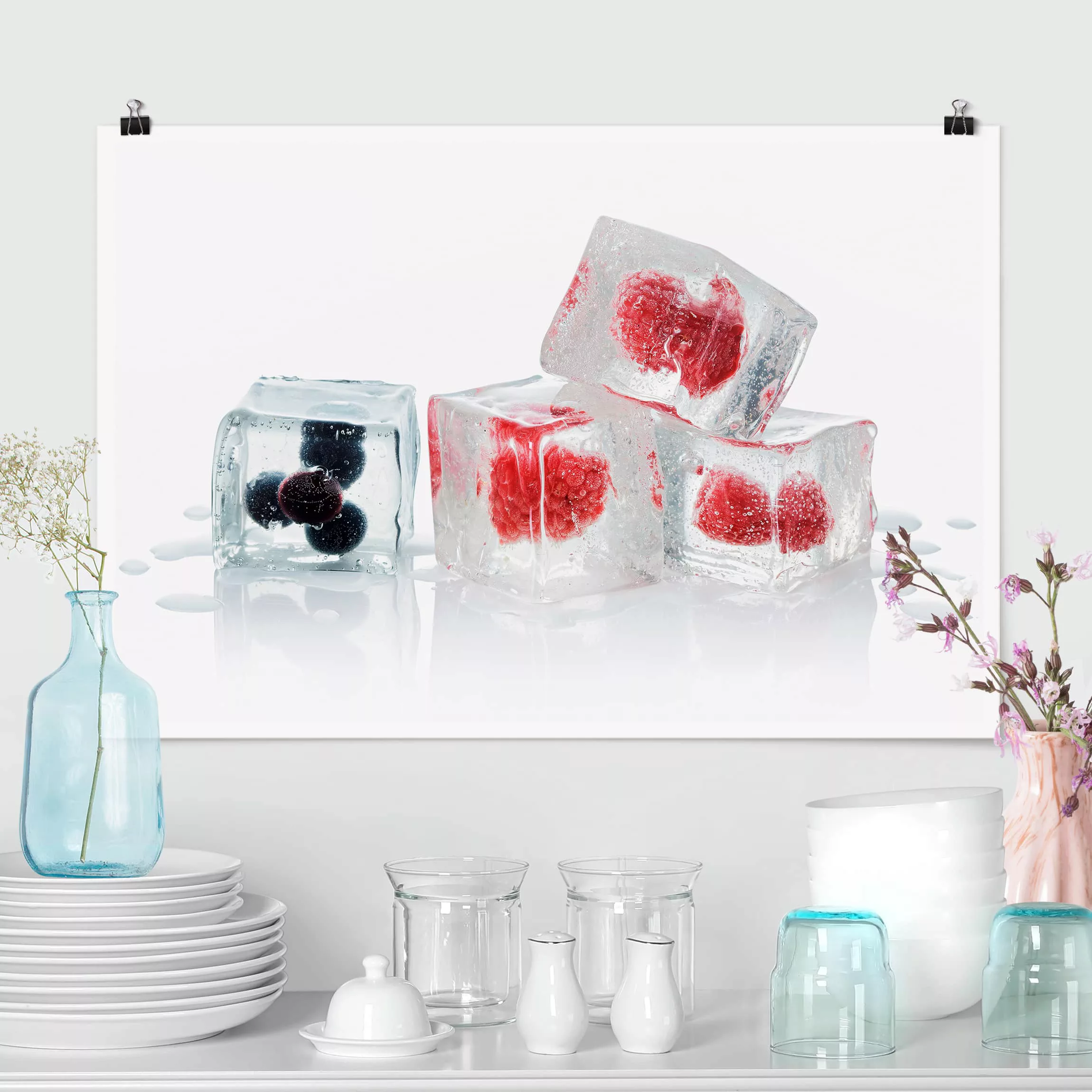 Poster Küche - Querformat Früchte im Eiswürfel günstig online kaufen