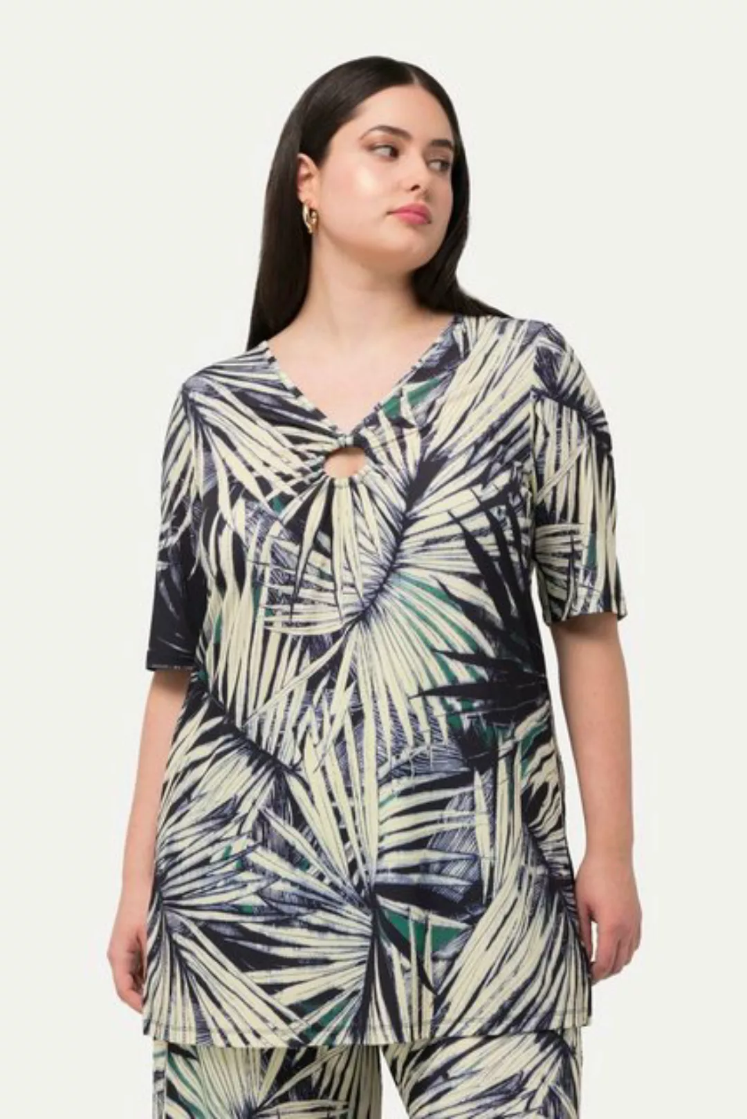 Ulla Popken Longtop T-Shirt Palmenblätter Zierring V-Ausschnitt günstig online kaufen