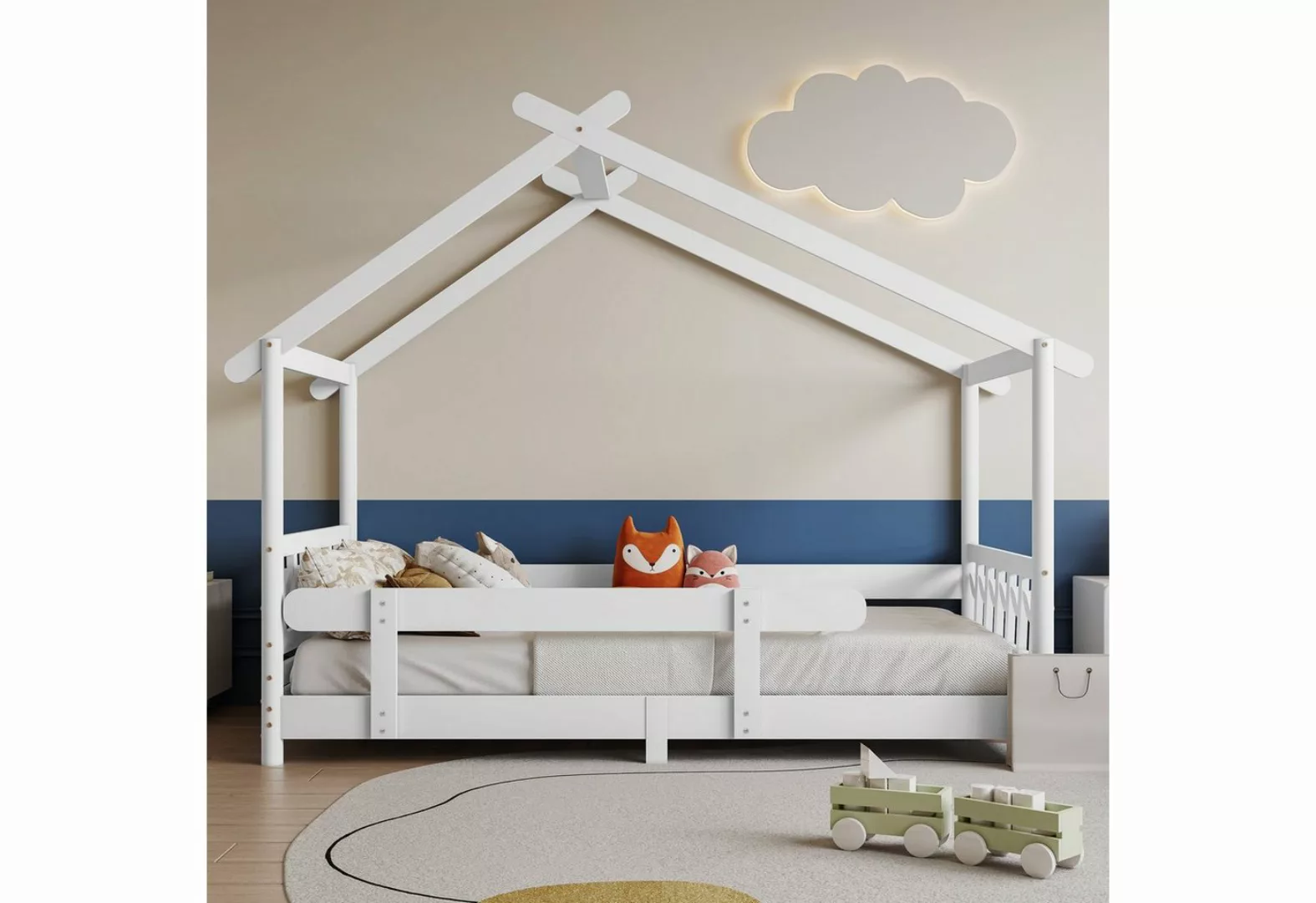 Sweiko Kinderbett, Hausbett mit Gitter, Lattenrost und Rausfallschutz, 90*1 günstig online kaufen