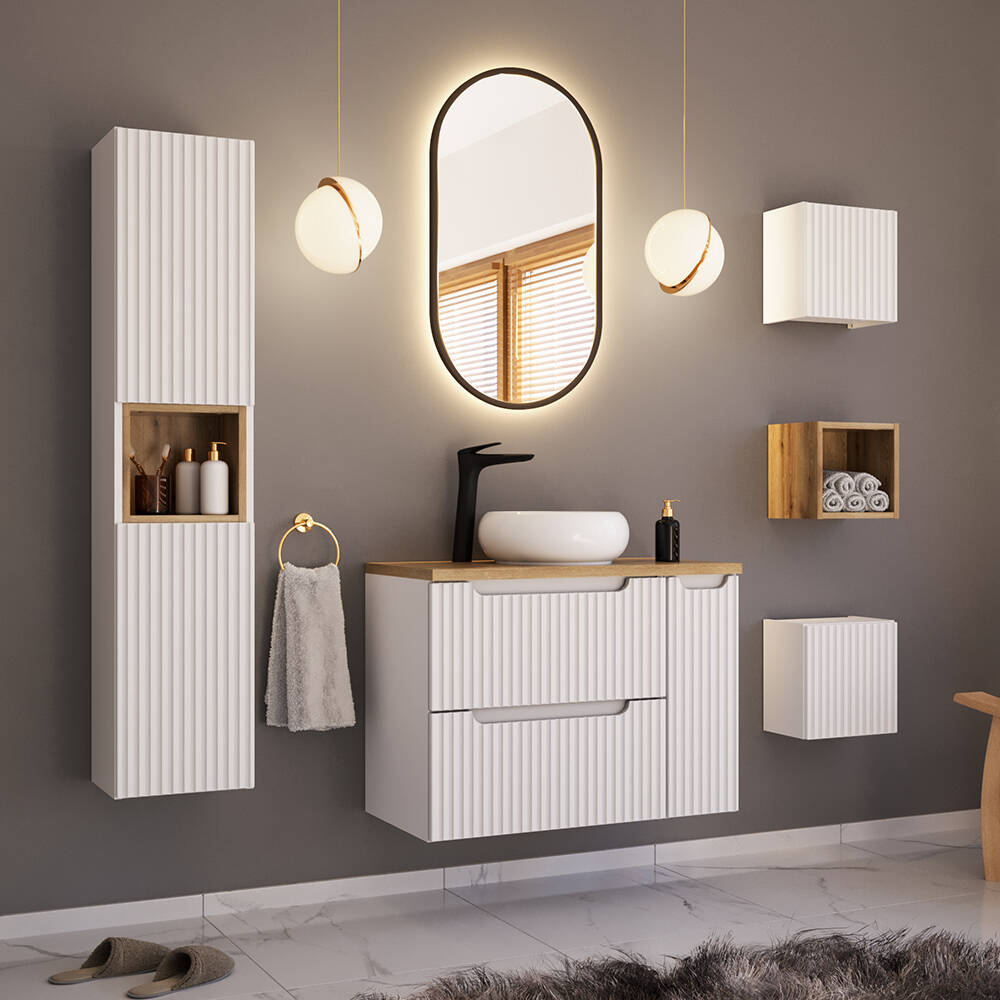 Badmöbel Set 6-teilig mit 80cm Waschtisch, weiß und Eiche, NEWPORT-56-WHITE günstig online kaufen