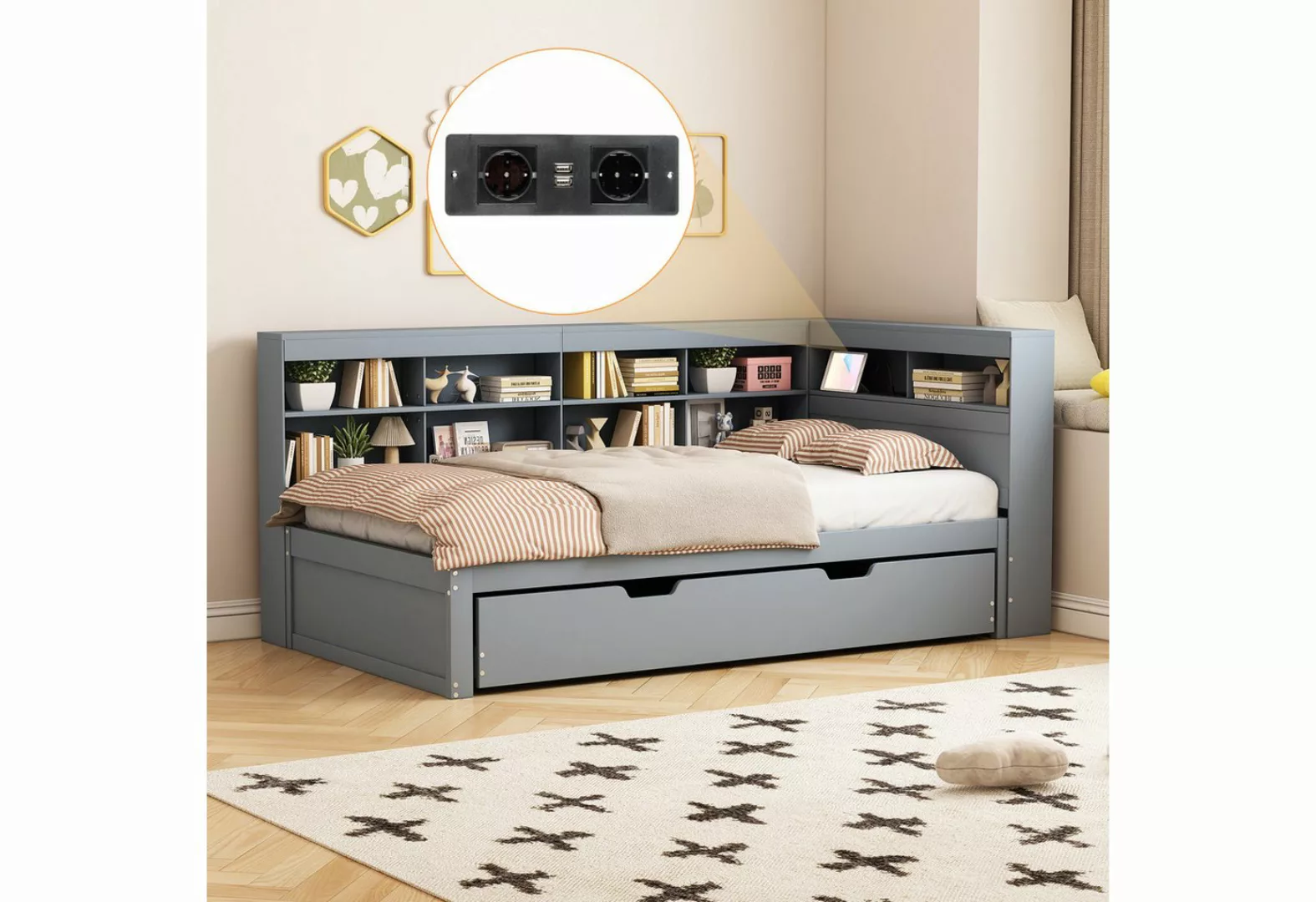 WISHDOR Kinderbett Holzbett Stauraumbett Schlafsofa (ausziehbarem Bett 90x1 günstig online kaufen