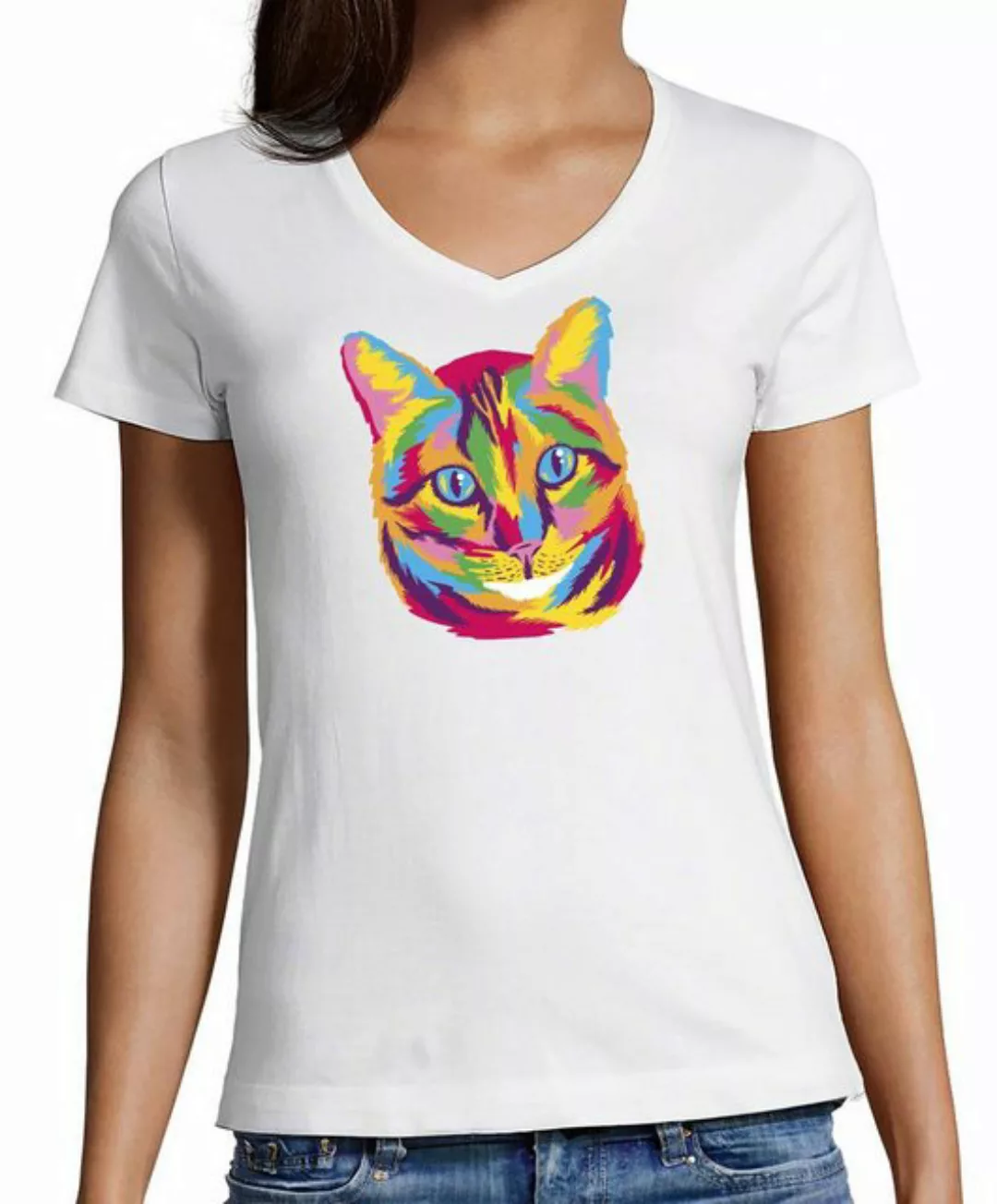 MyDesign24 T-Shirt Damen Katzen Print Shirt bedruckt - Katze in Ölfarben V- günstig online kaufen