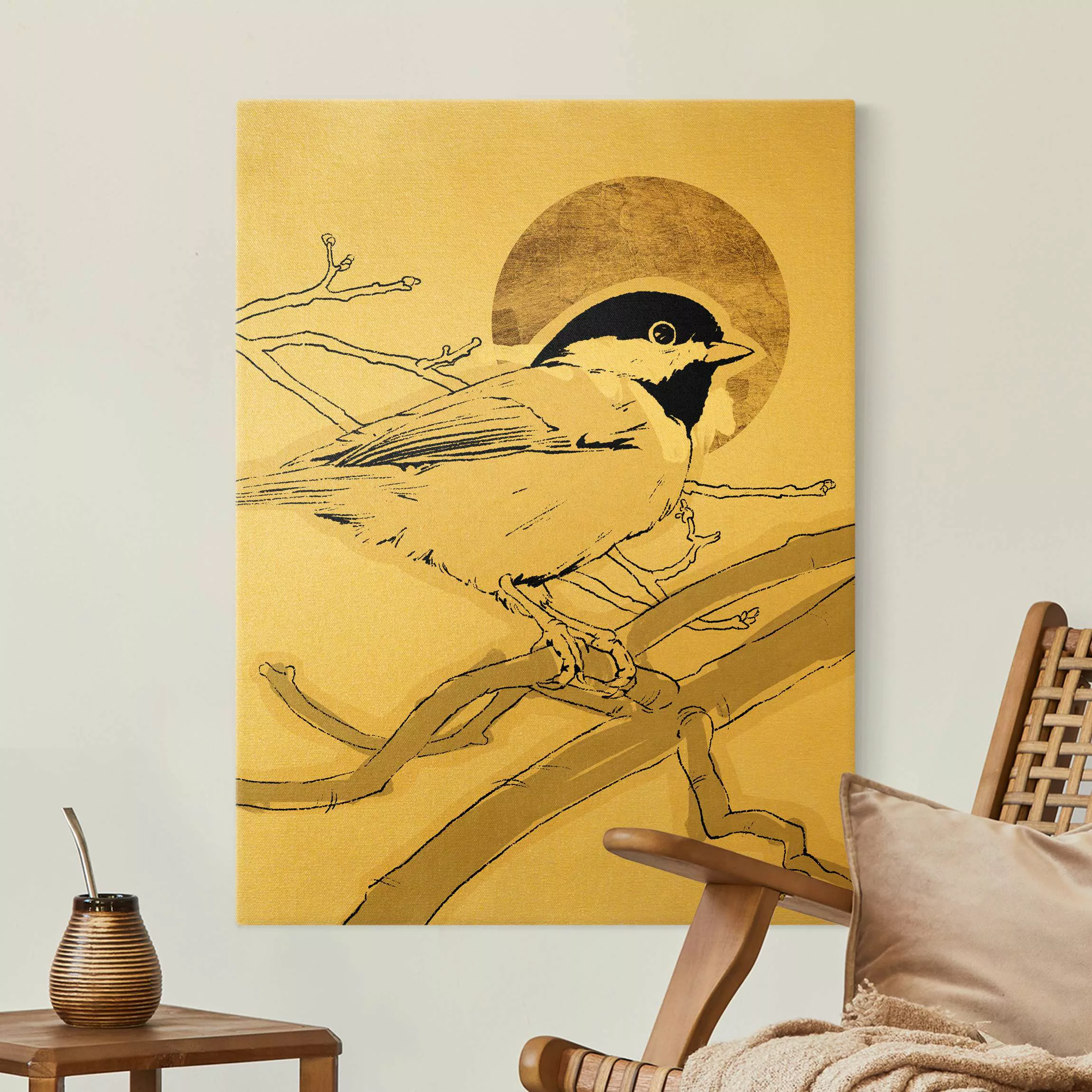 Leinwandbild Gold Vogel vor goldener Sonne I günstig online kaufen