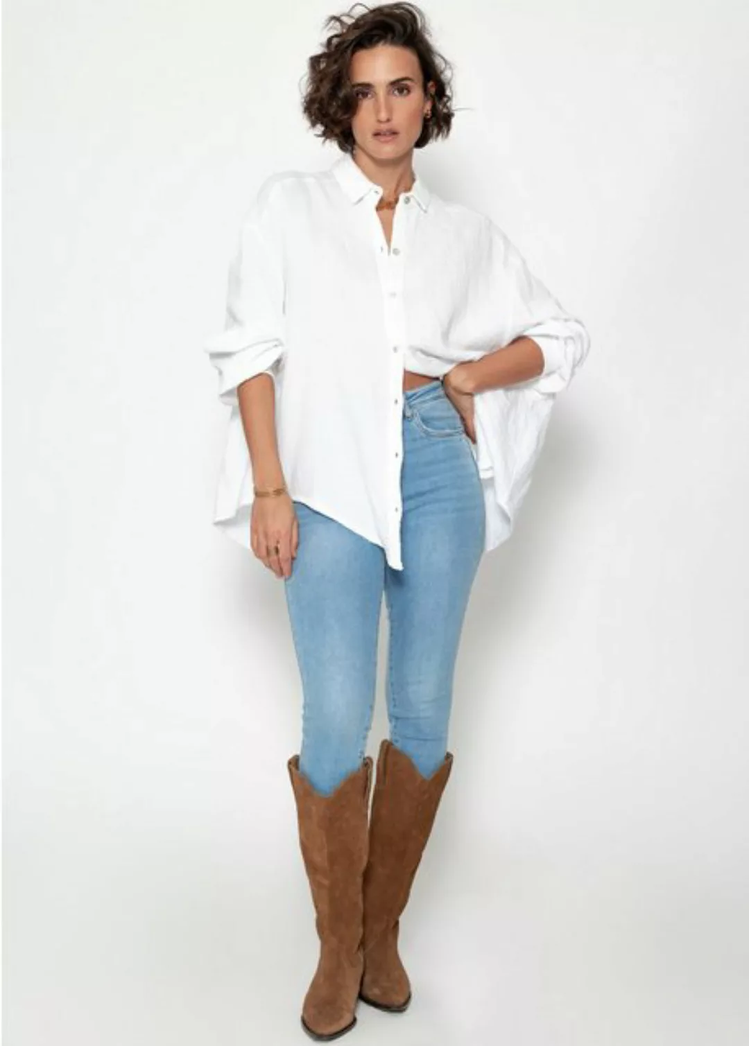 SASSYCLASSY Longbluse Oversize Musselin Bluse Damen kurz Langarm Elegant He günstig online kaufen