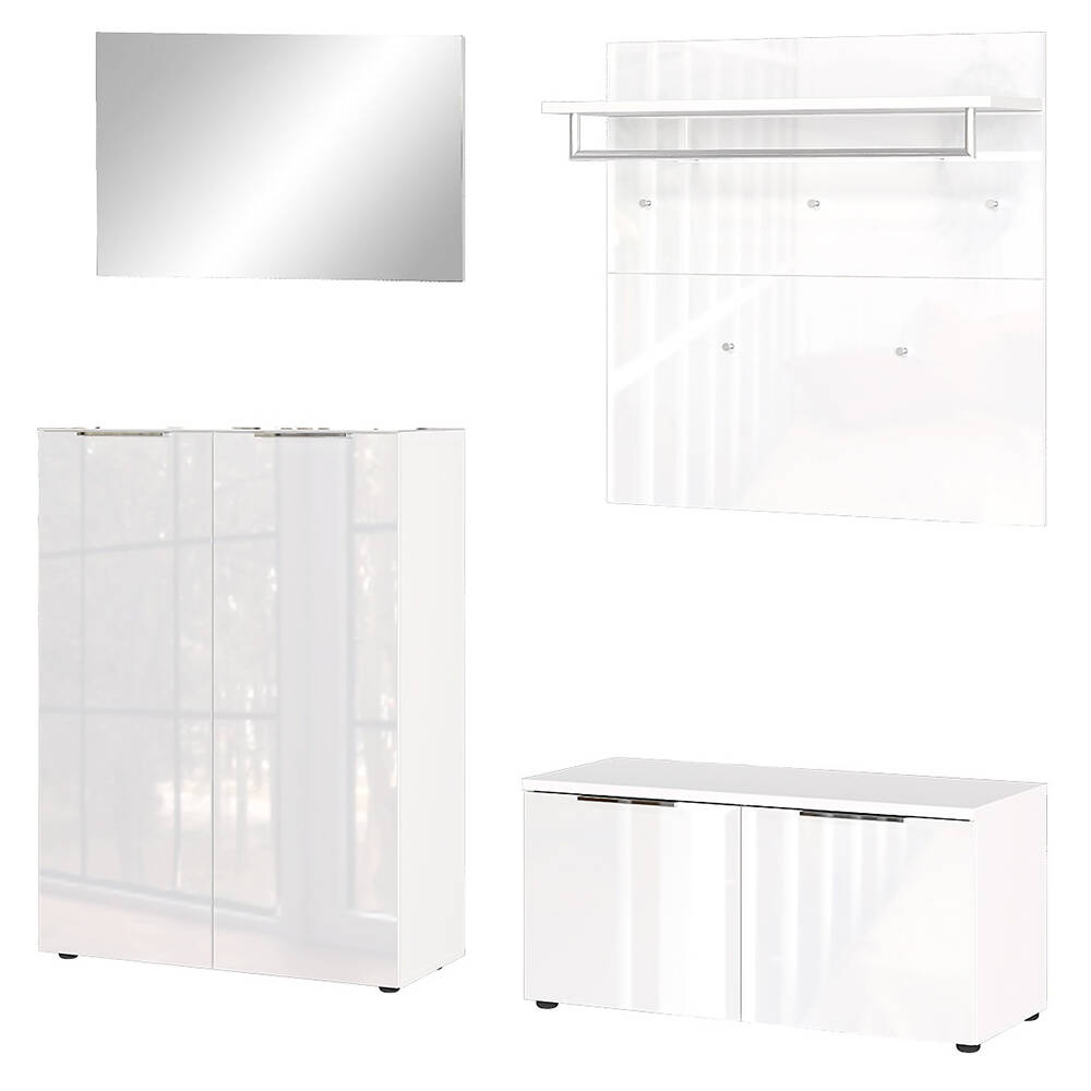Garderoben Set mit Garderobenbank weiß Glasfronten GENEVA-01, 4-teilig günstig online kaufen