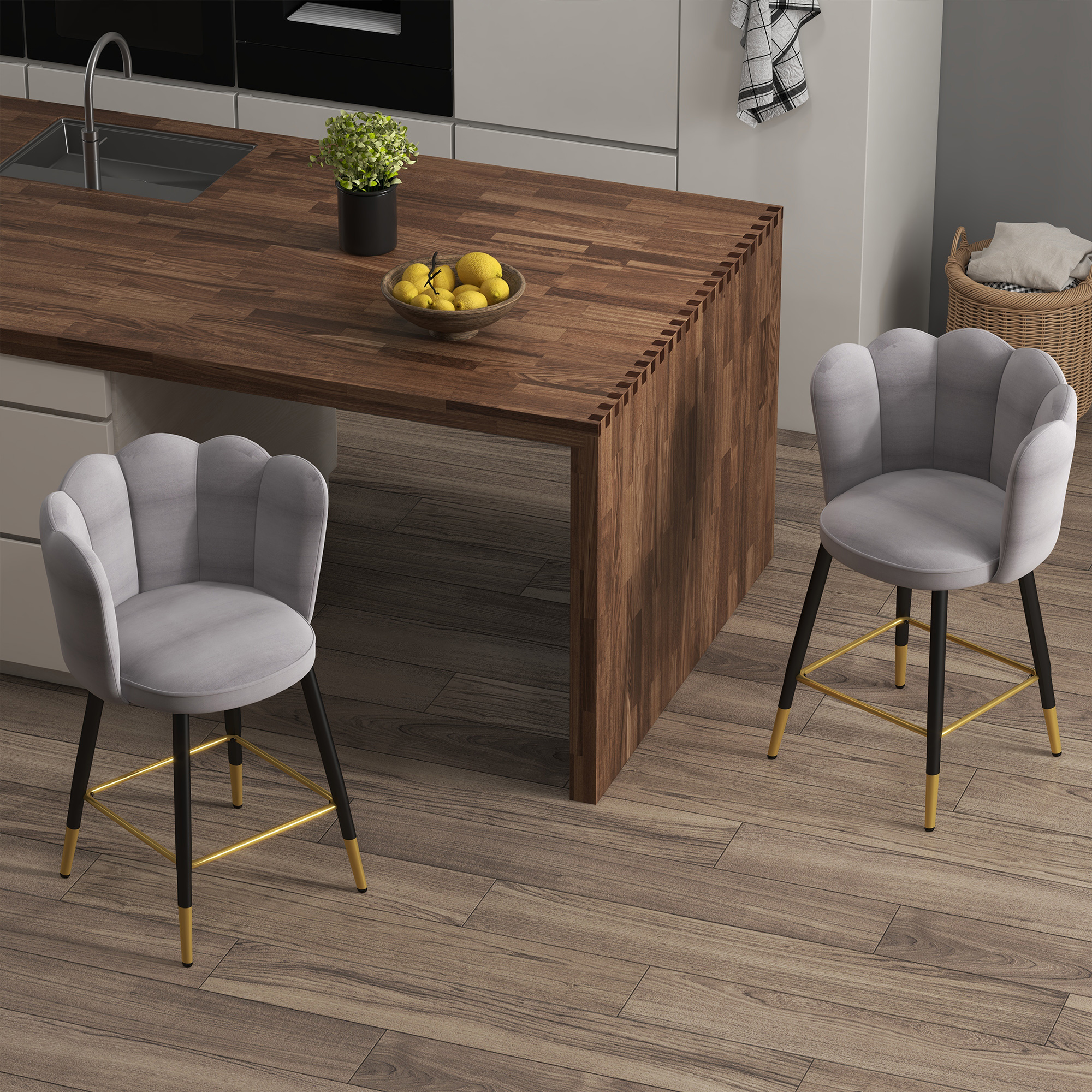 HOMCOM Set mit 2 Samt Barhockern mit Fußstütze und Stahlbasis, 59x52x90cm, günstig online kaufen