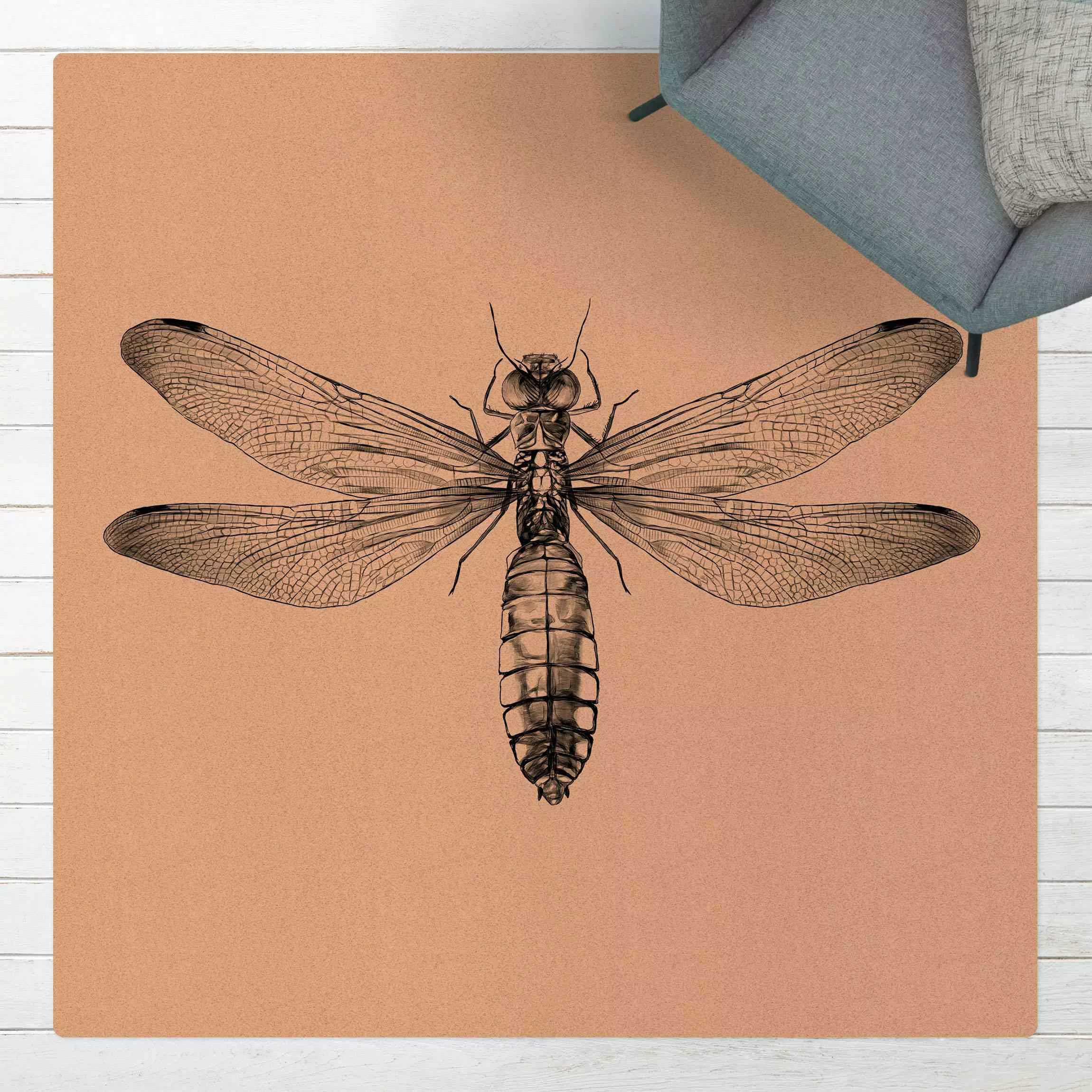 Kork-Teppich Illustration fliegende Libelle Schwarz günstig online kaufen