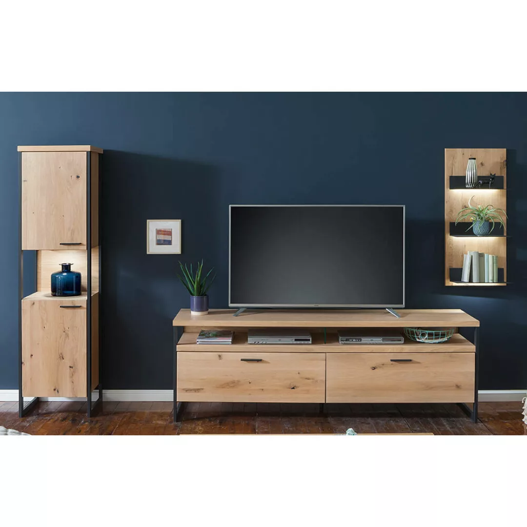 Teilmassives Wohnmöbel Set mit Beleuchtung und Funkfernbedienung in Eiche B günstig online kaufen