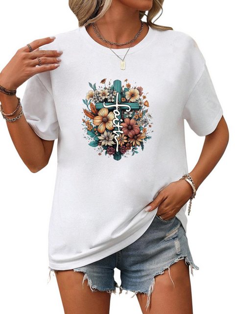 PYL Kurzarmshirt Damen Sommer Kurzarmbluse Locker Blumen Print-Shirt günstig online kaufen